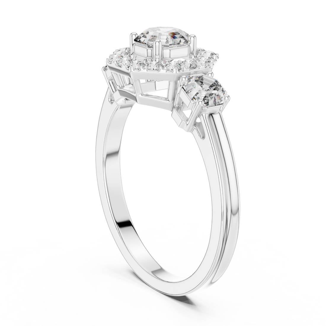 Octagon Halo & Three-Stone Engagement Ring