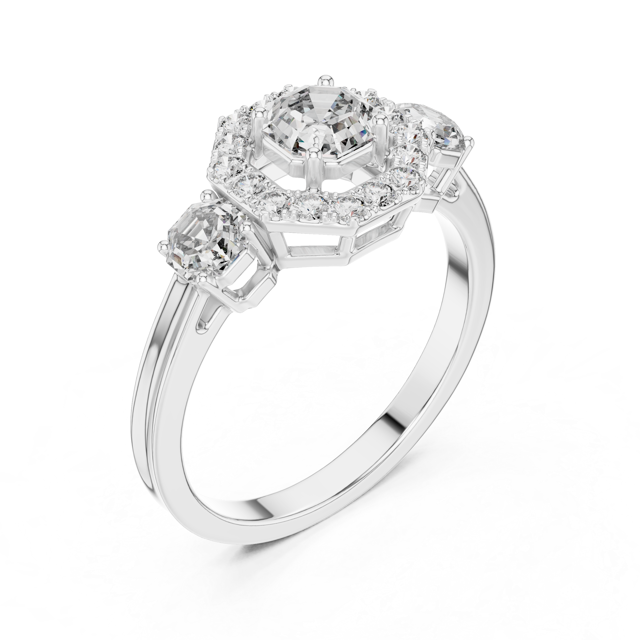 Octagon Halo & Three-Stone Engagement Ring