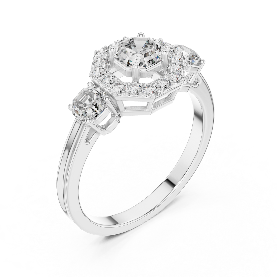 Octagon Halo & Three-Stone Engagement Ring