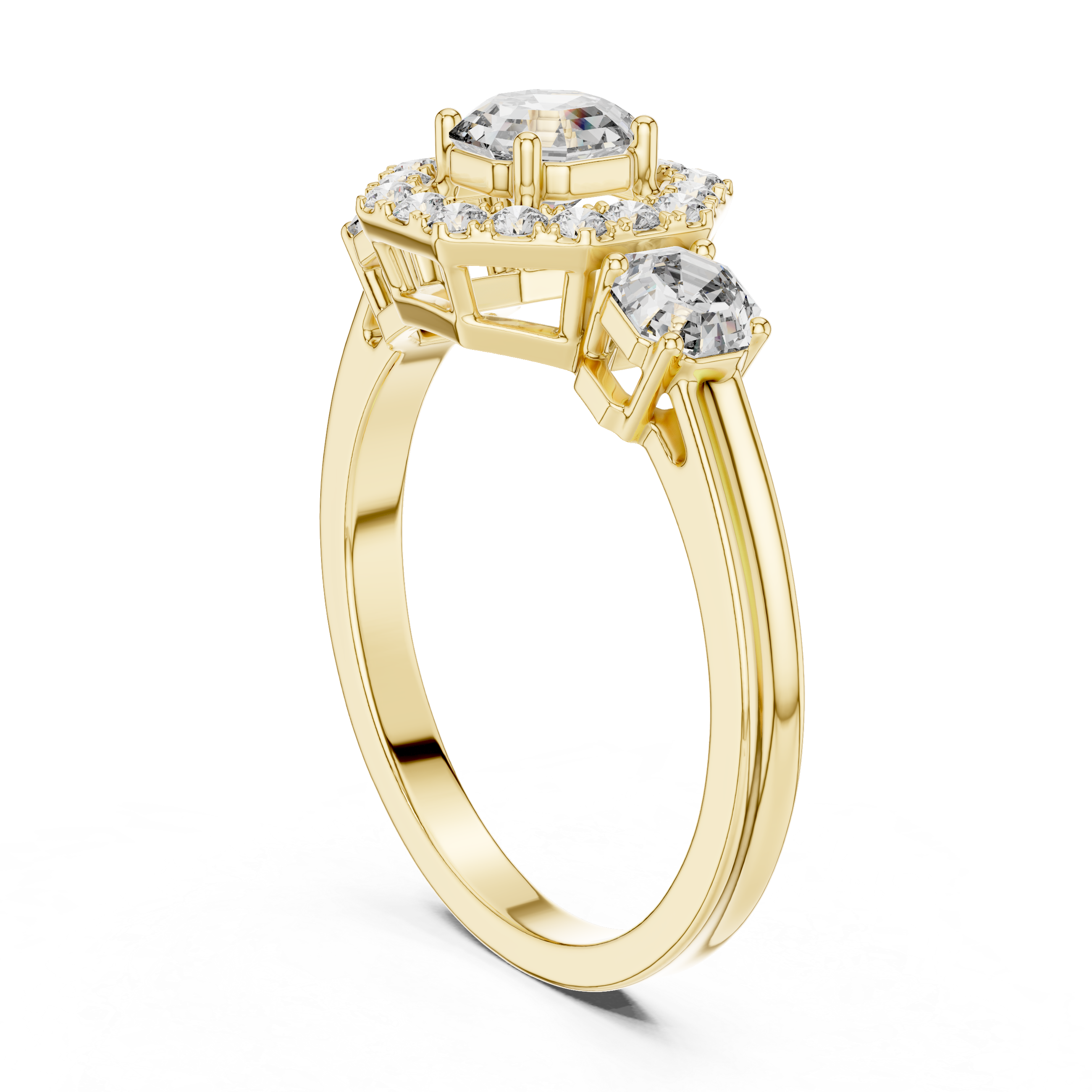 Octagon Halo & Three-Stone Engagement Ring