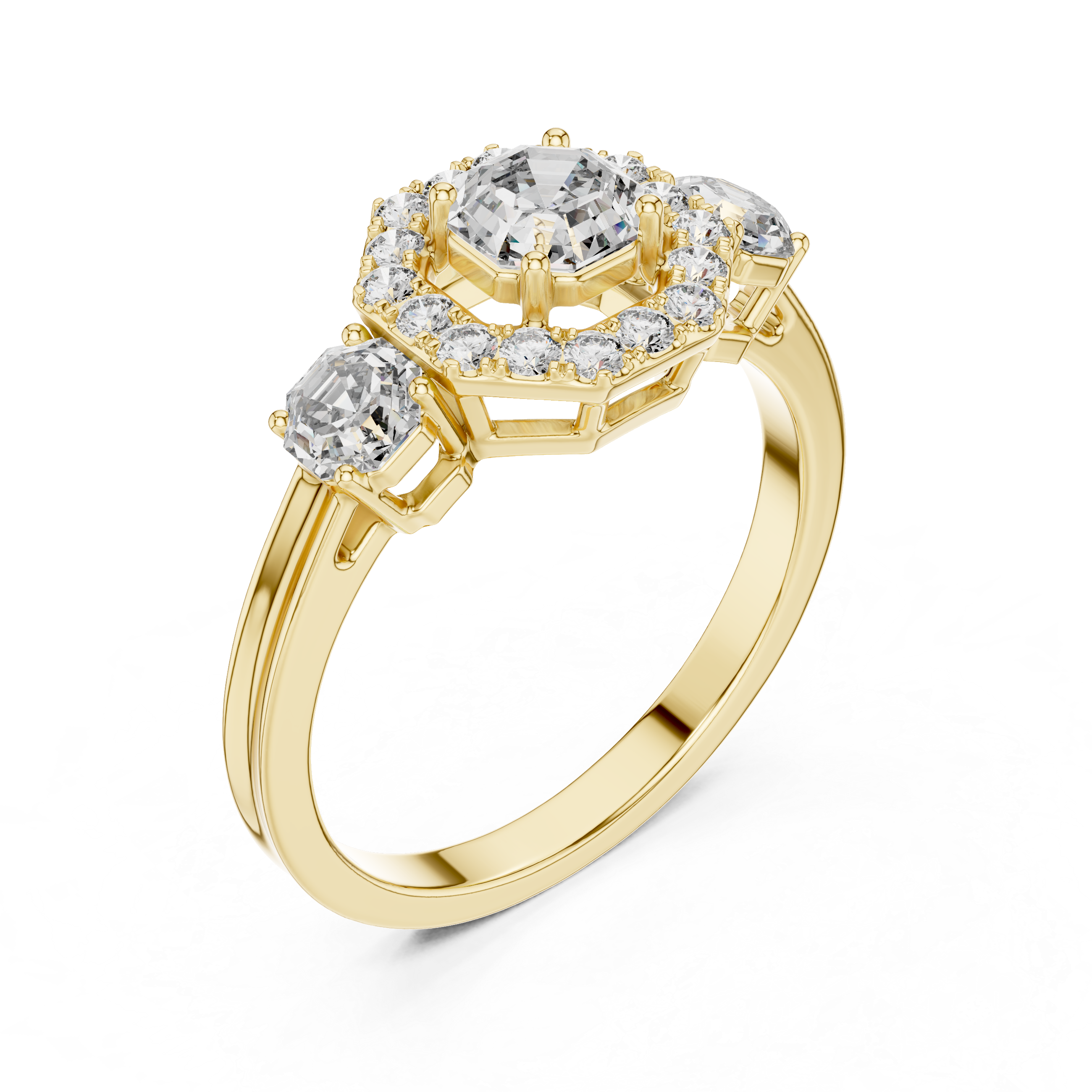 Octagon Halo & Three-Stone Engagement Ring