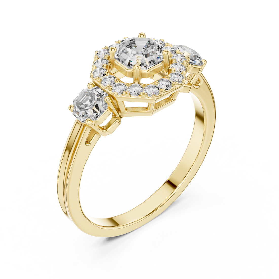 Octagon Halo & Three-Stone Engagement Ring