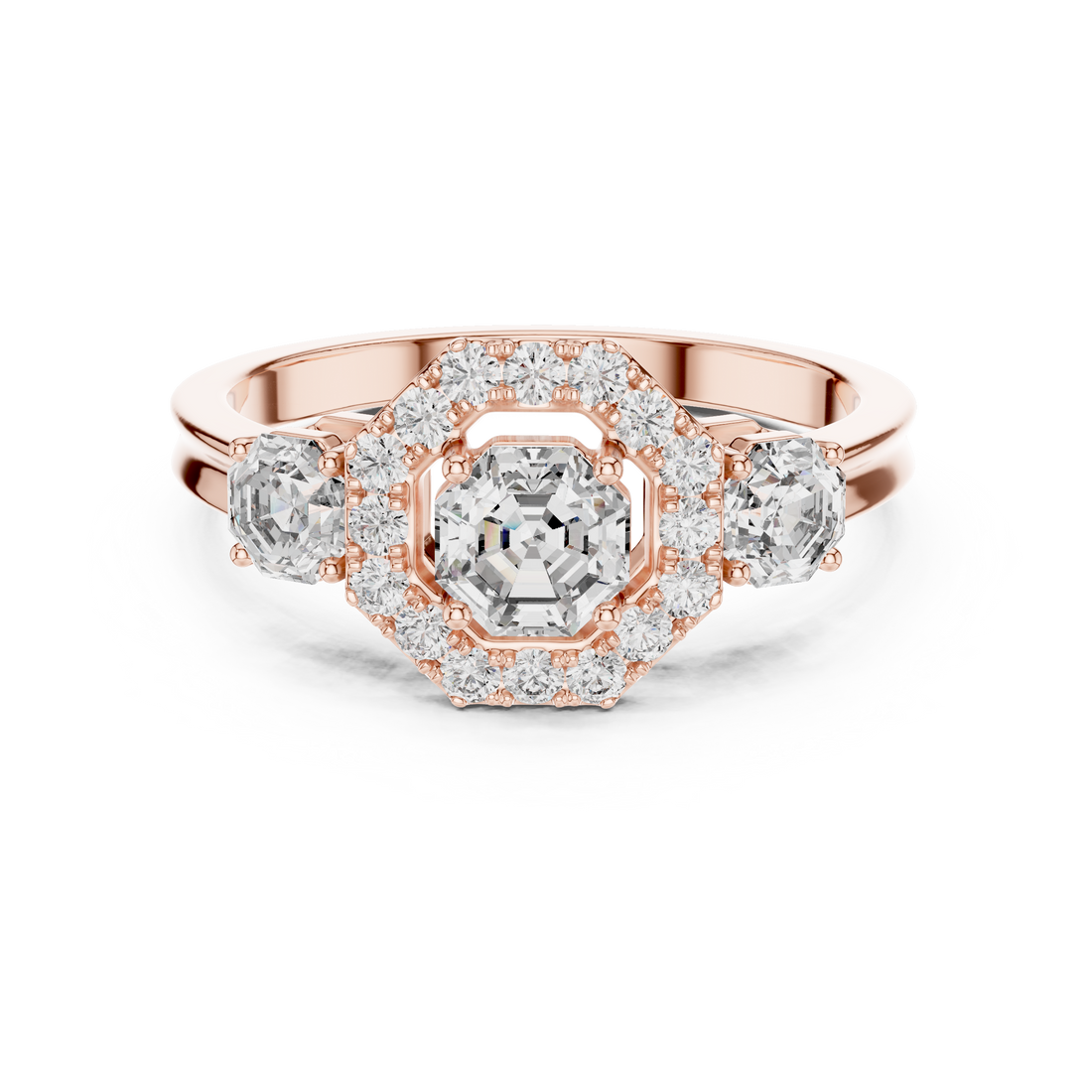 Octagon Halo & Three-Stone Engagement Ring
