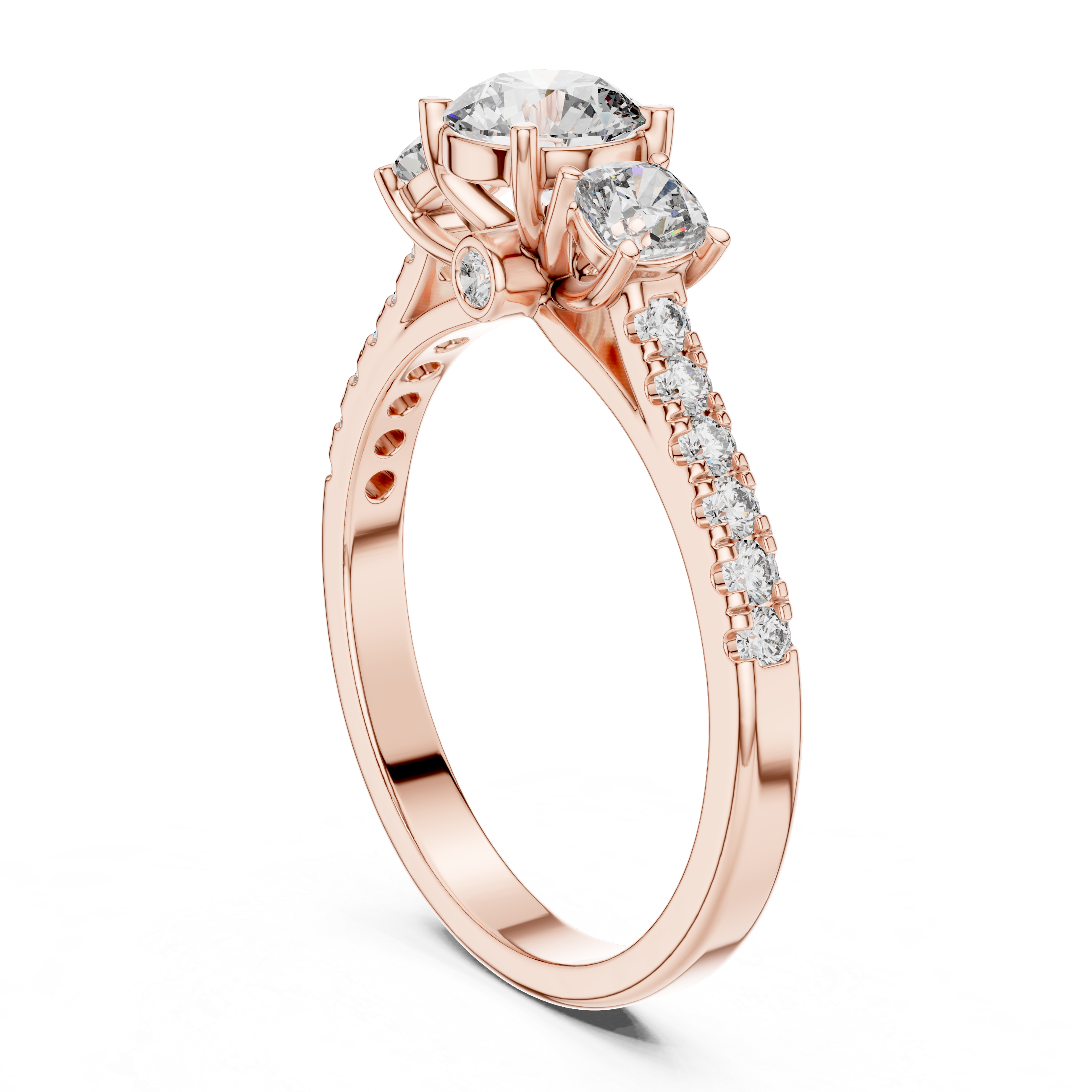 Three-Stone Round & Cushion Pave Engagement Ring