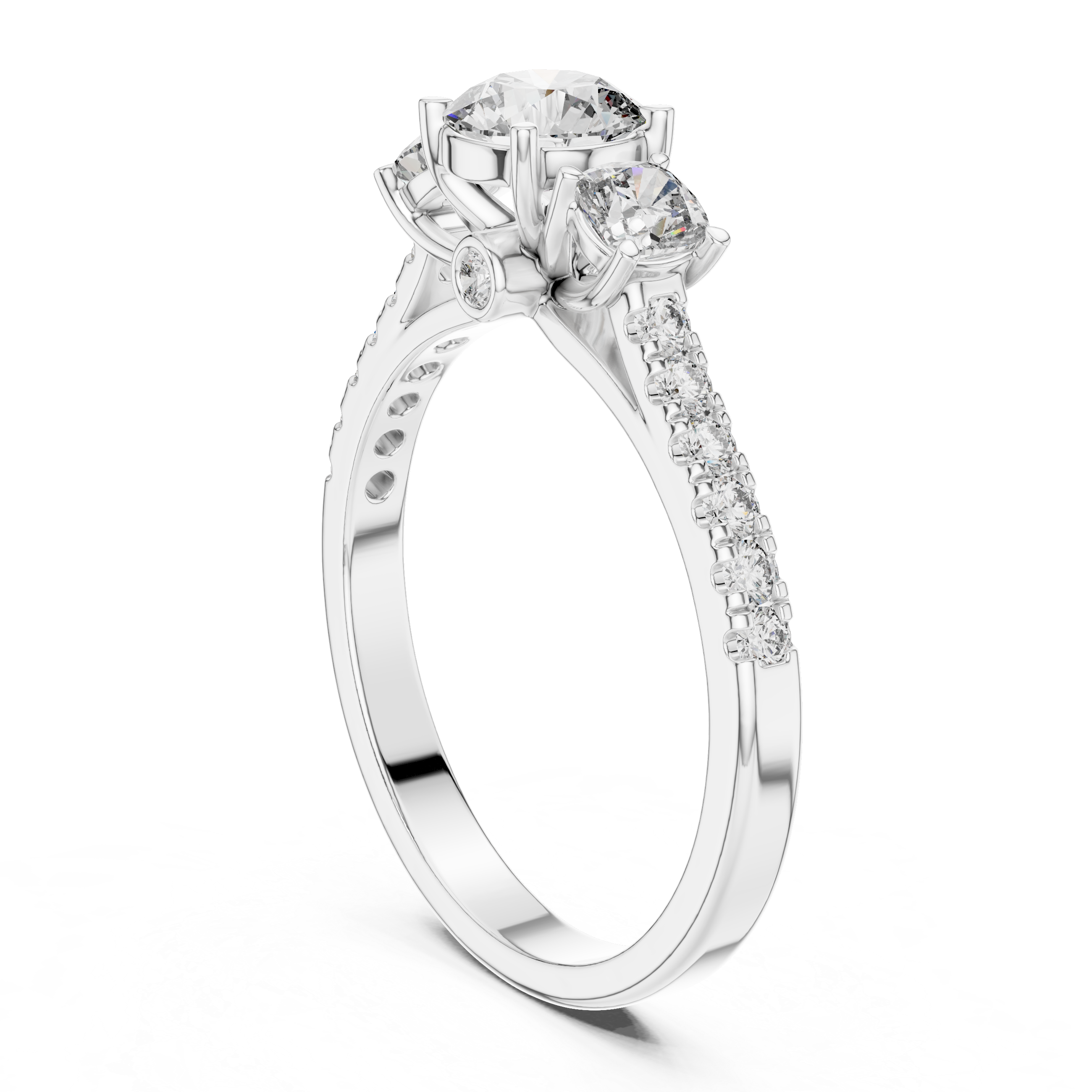 Three-Stone Round & Cushion Pave Engagement Ring