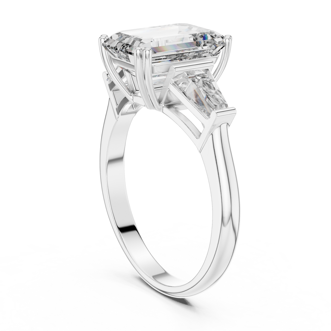 Emerald Cut Solitaire & Tapered Baguette Side Stones Diamond Ring