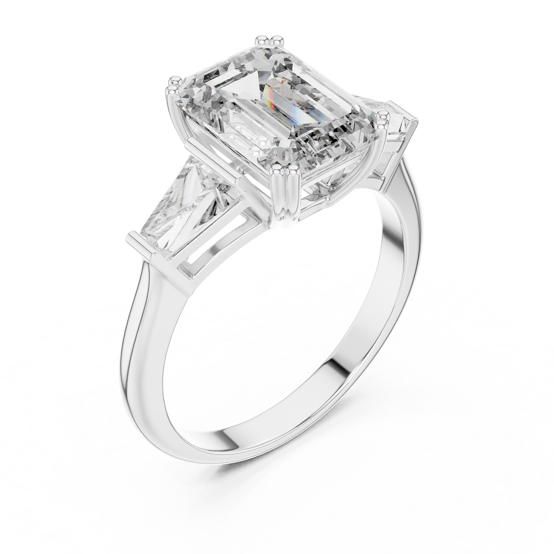 Emerald Cut Solitaire & Tapered Baguette Side Stones Diamond Ring