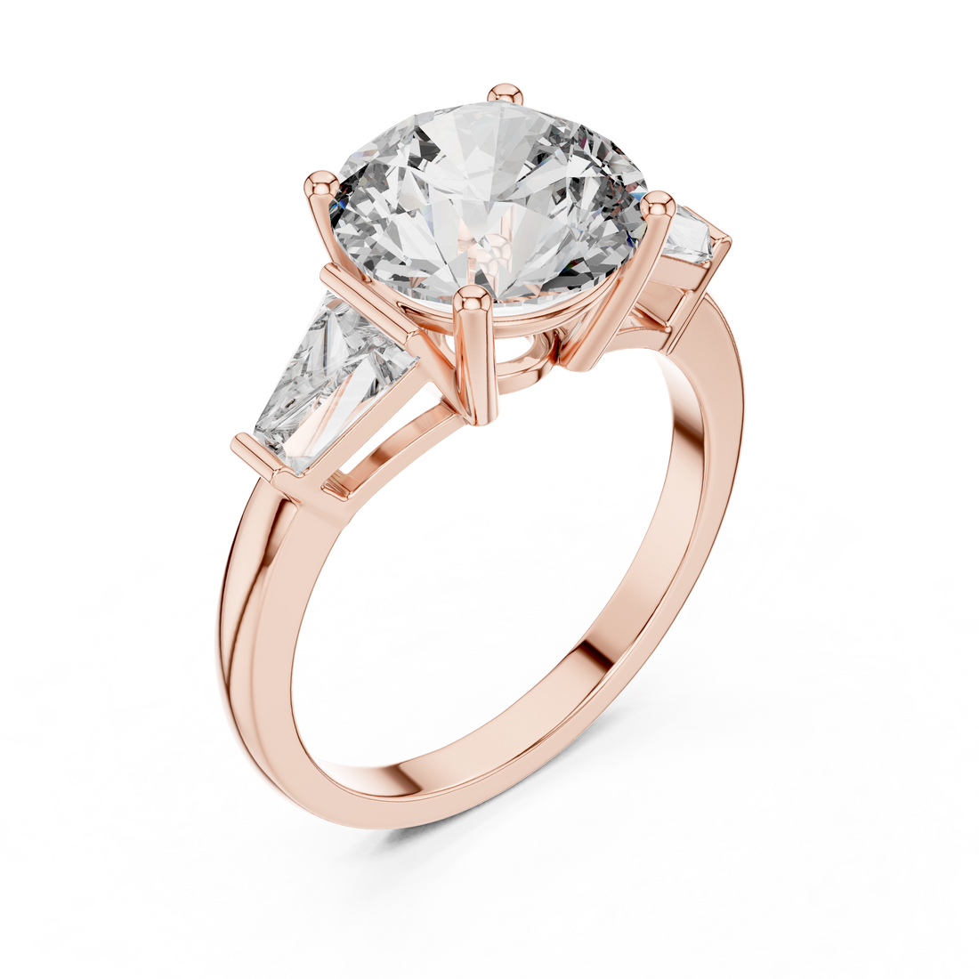 Brinda Gold and Diamonds Round Solitaire & Tapered Baguette Side Stones Diamond Ring