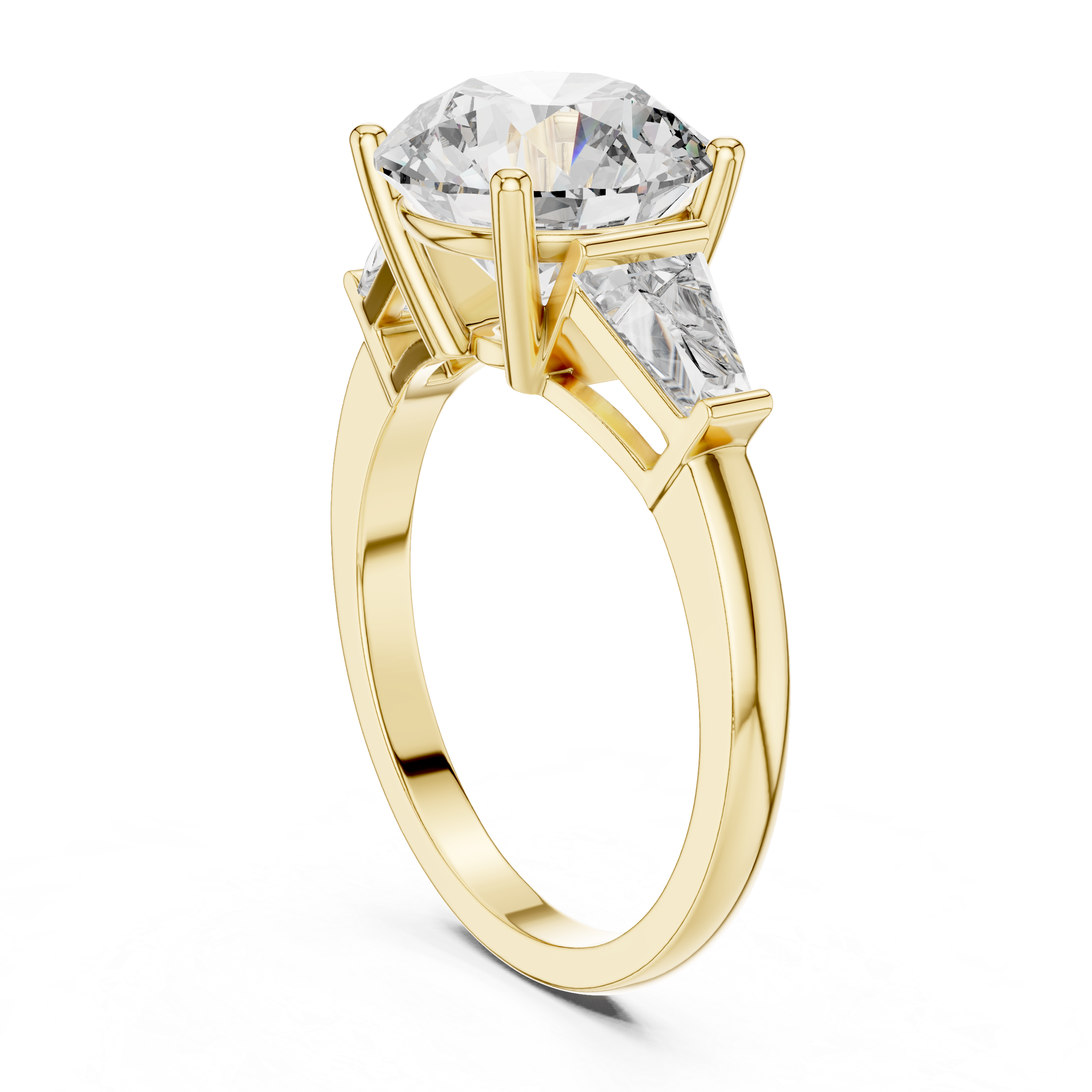 Brinda Gold and Diamonds Round Solitaire & Tapered Baguette Side Stones Diamond Ring