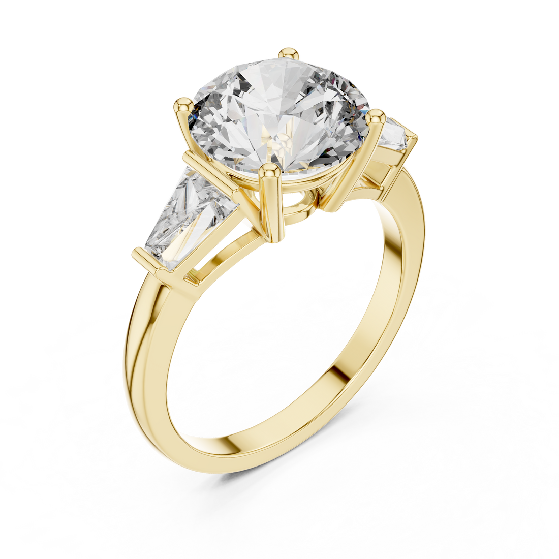 Brinda Gold and Diamonds Round Solitaire & Tapered Baguette Side Stones Diamond Ring