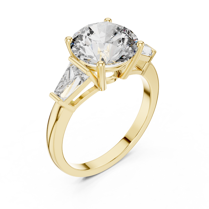 Brinda Gold and Diamonds Round Solitaire & Tapered Baguette Side Stones Diamond Ring