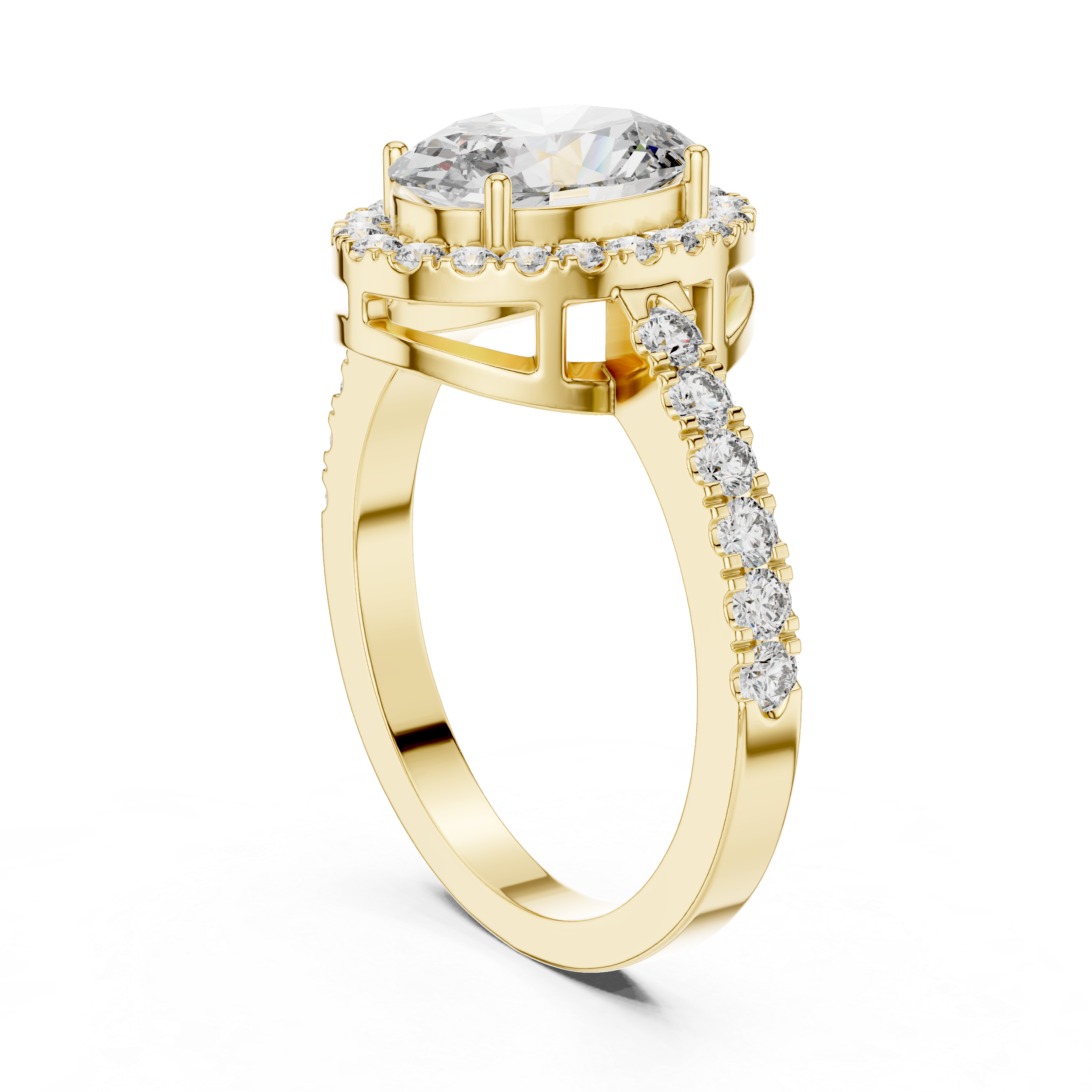 Brinda Gold and Diamonds Oval Solitaire & Pavé Halo Band Diamond Ring