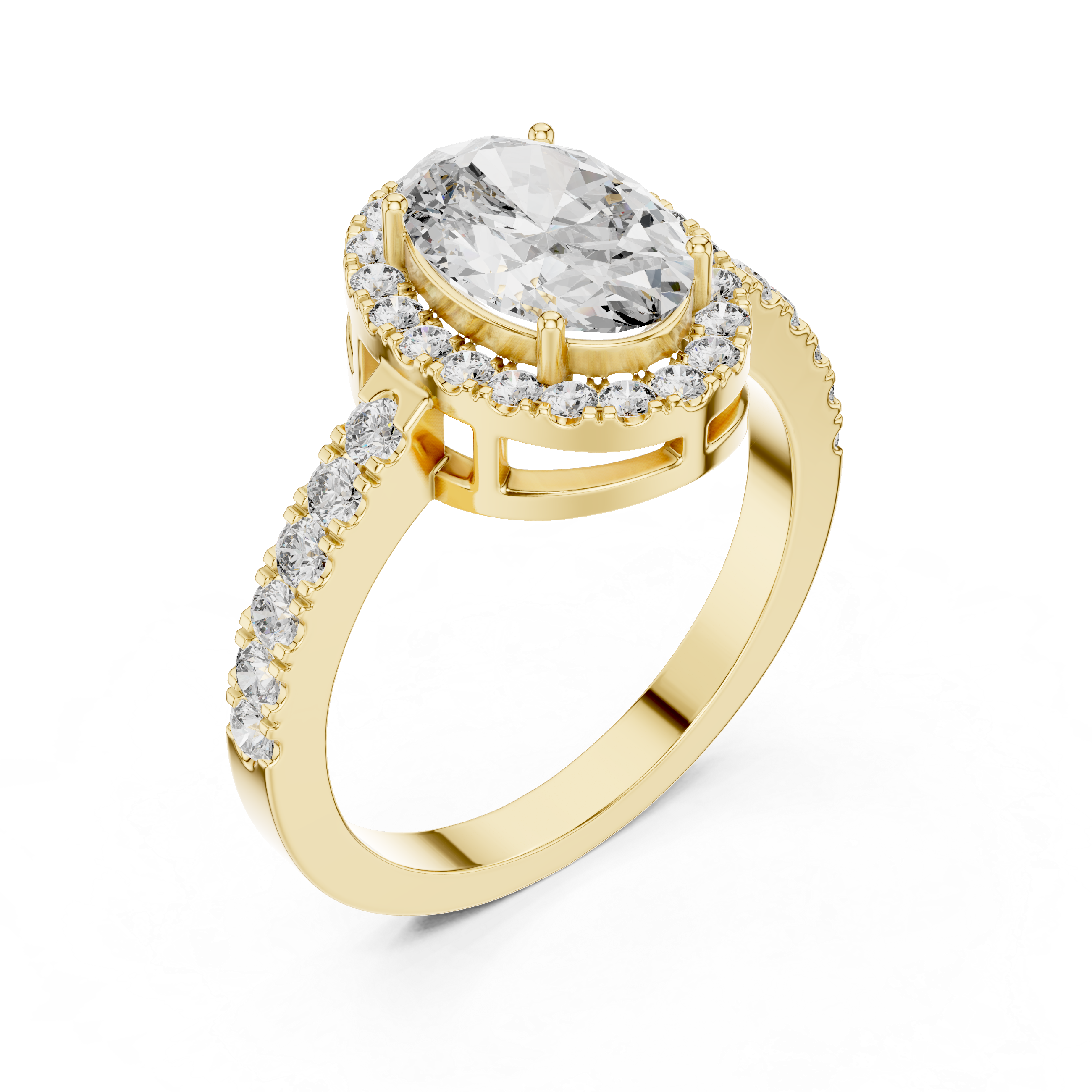 Brinda Gold and Diamonds Oval Solitaire & Pavé Halo Band Diamond Ring
