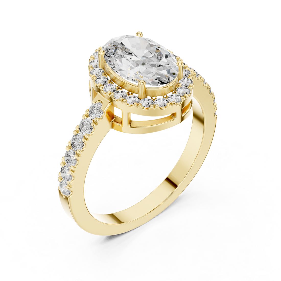 Brinda Gold and Diamonds Oval Solitaire & Pavé Halo Band Diamond Ring
