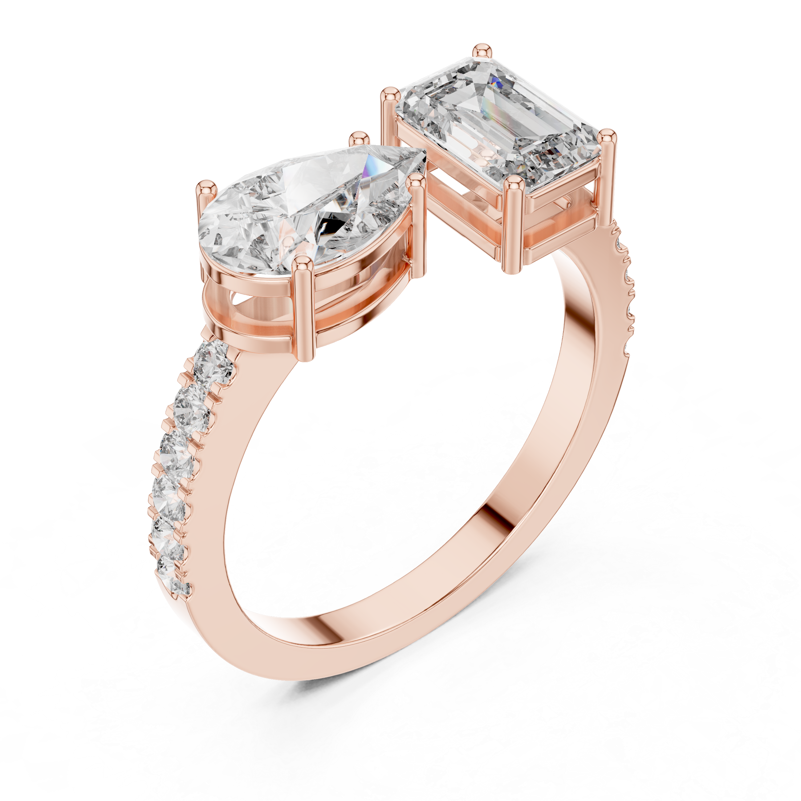 Toi et Moi Emerald & Pear Diamond Ring with Pave Band