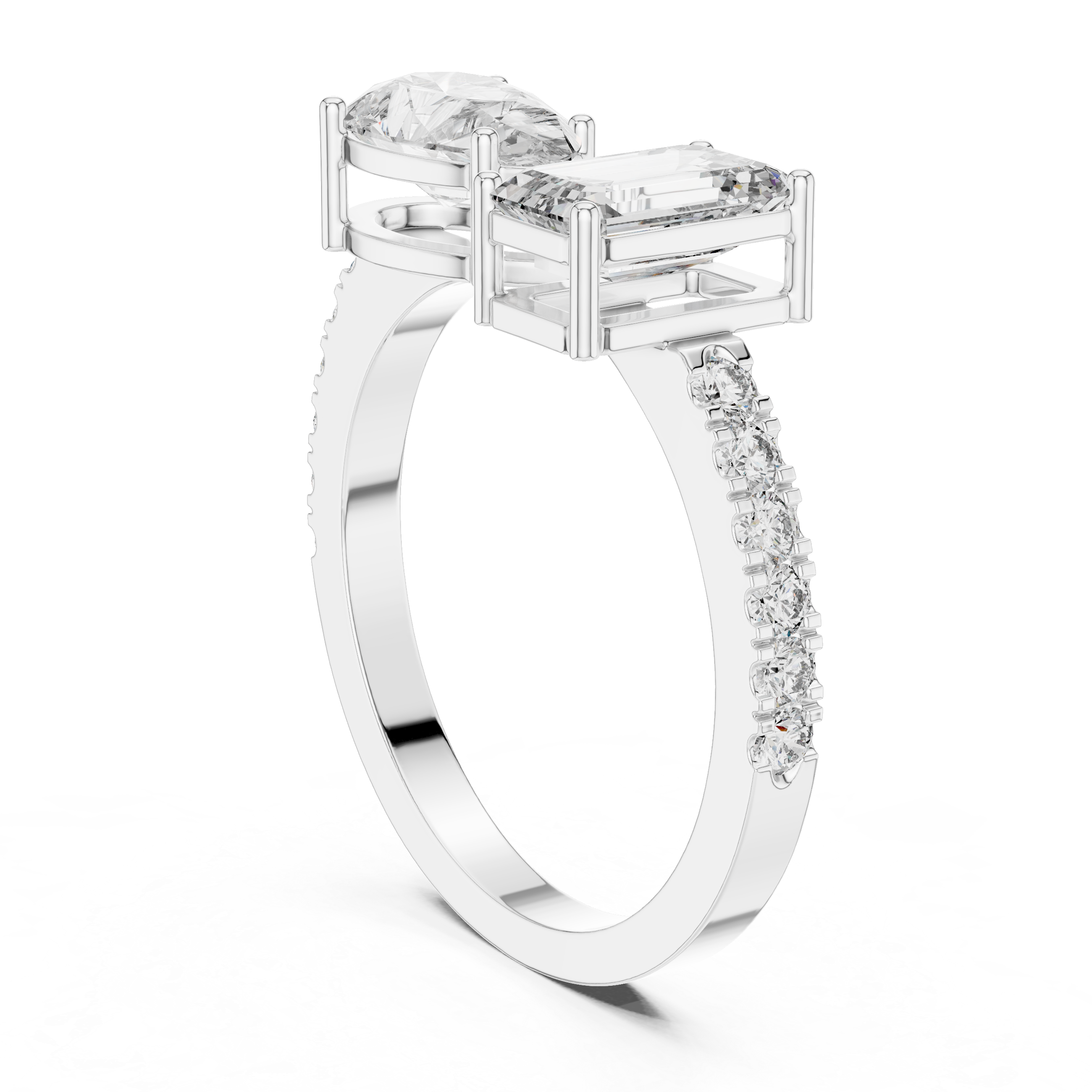 Toi et Moi Emerald & Pear Diamond Ring with Pave Band