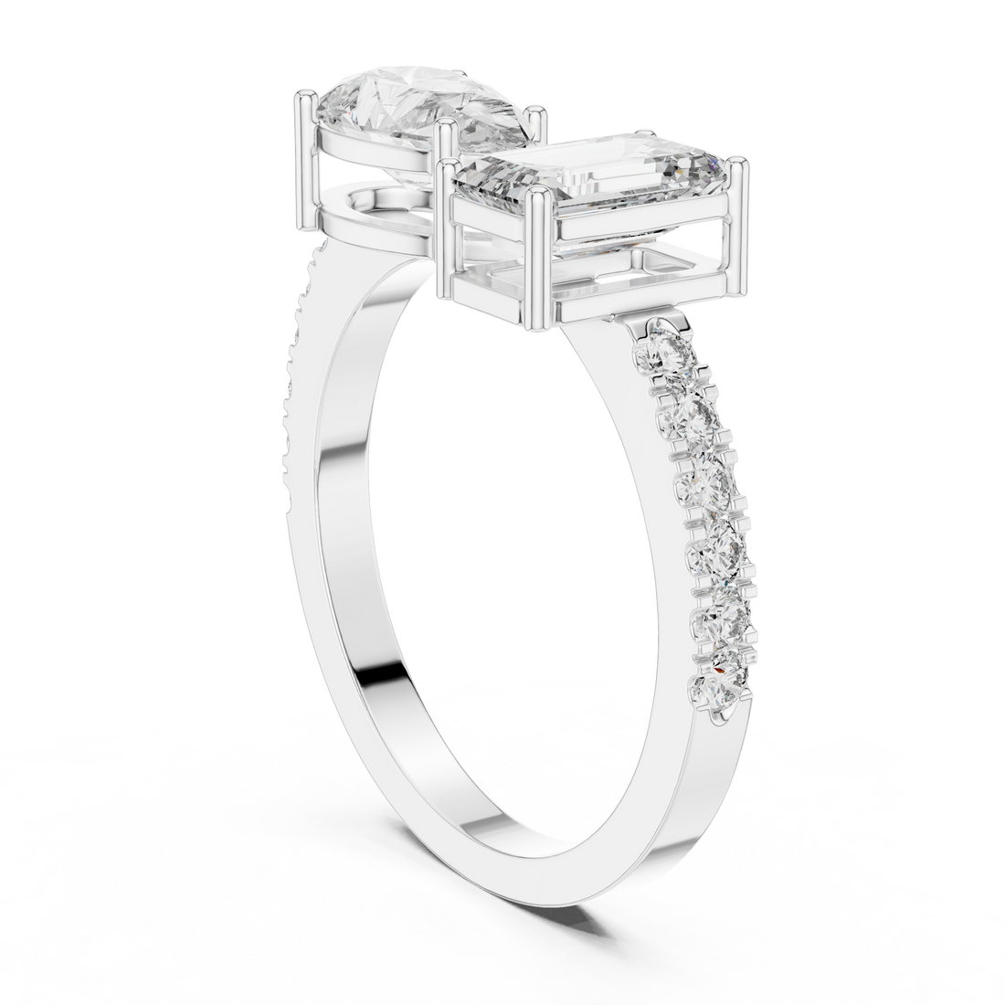 Toi et Moi Emerald & Pear Diamond Ring with Pave Band