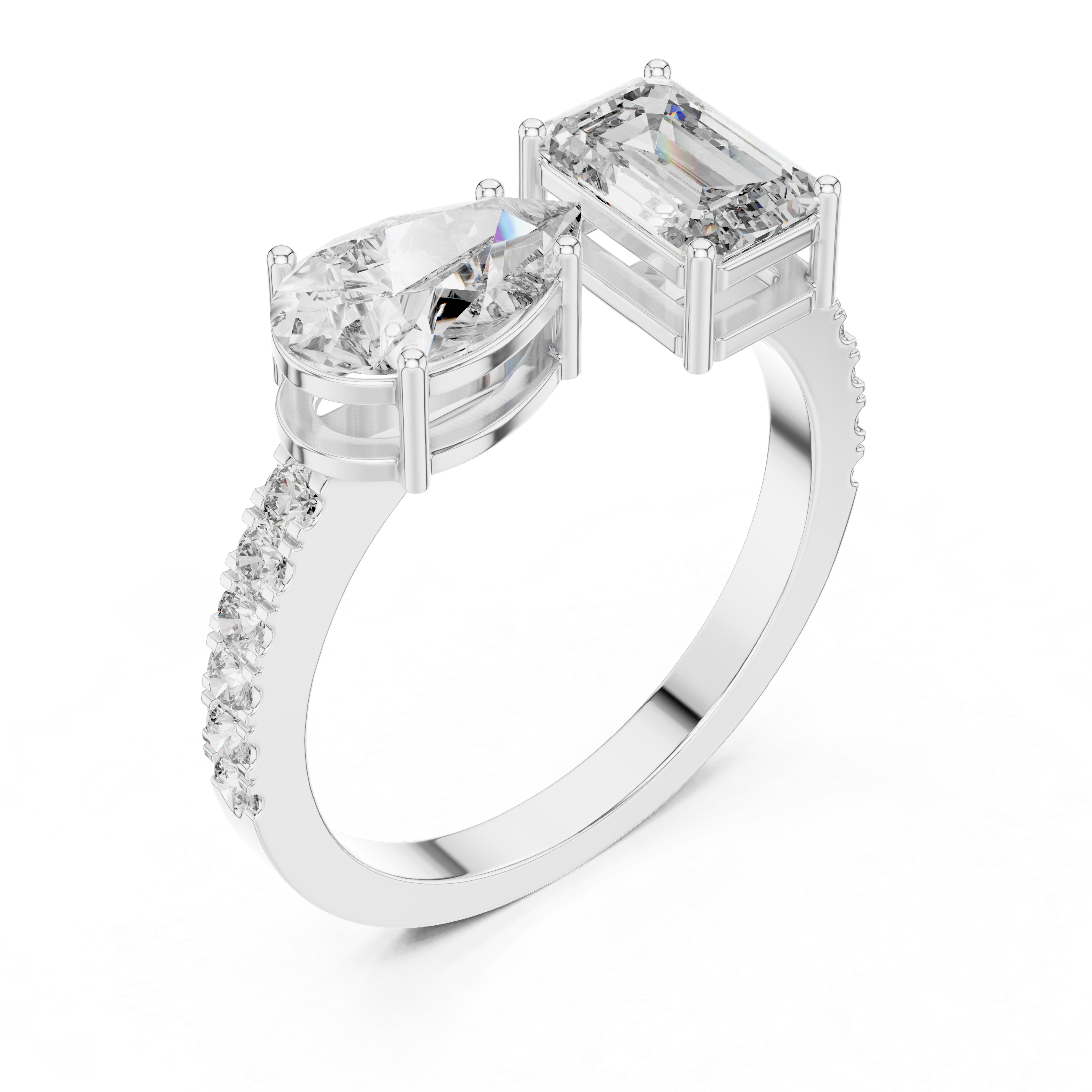 Toi et Moi Emerald & Pear Diamond Ring with Pave Band