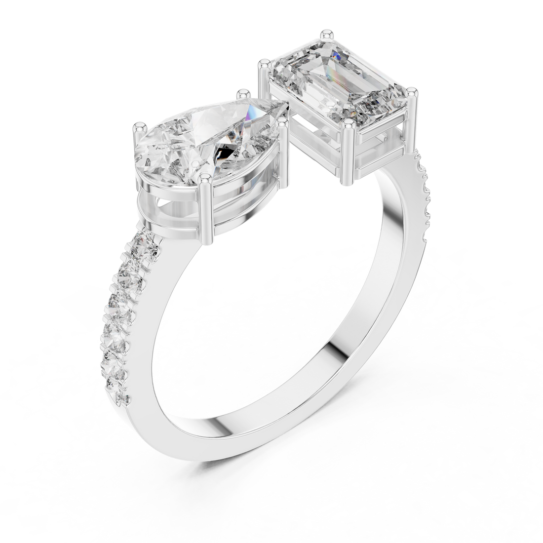 Toi et Moi Emerald & Pear Diamond Ring with Pave Band