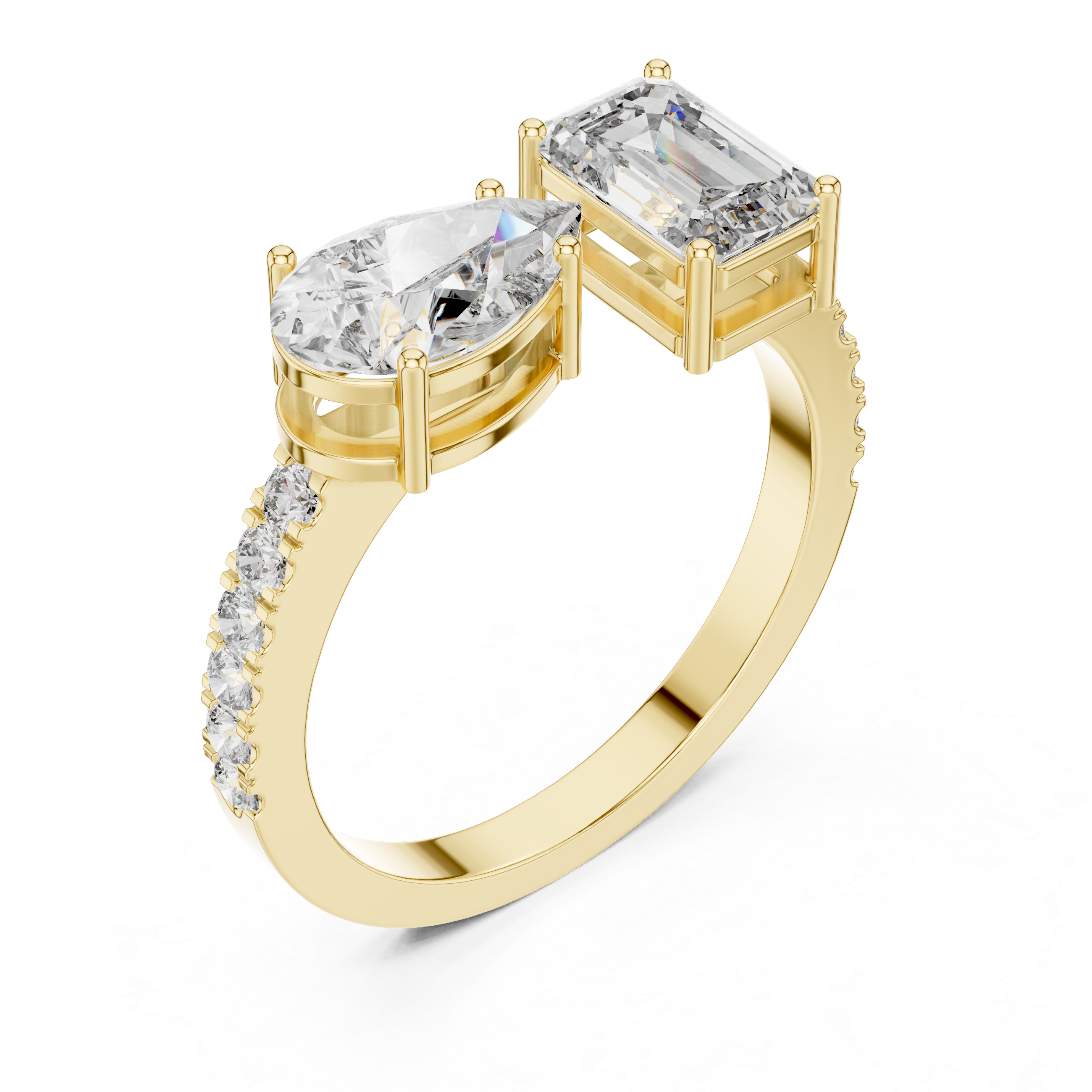 Toi et Moi Emerald & Pear Diamond Ring with Pave Band