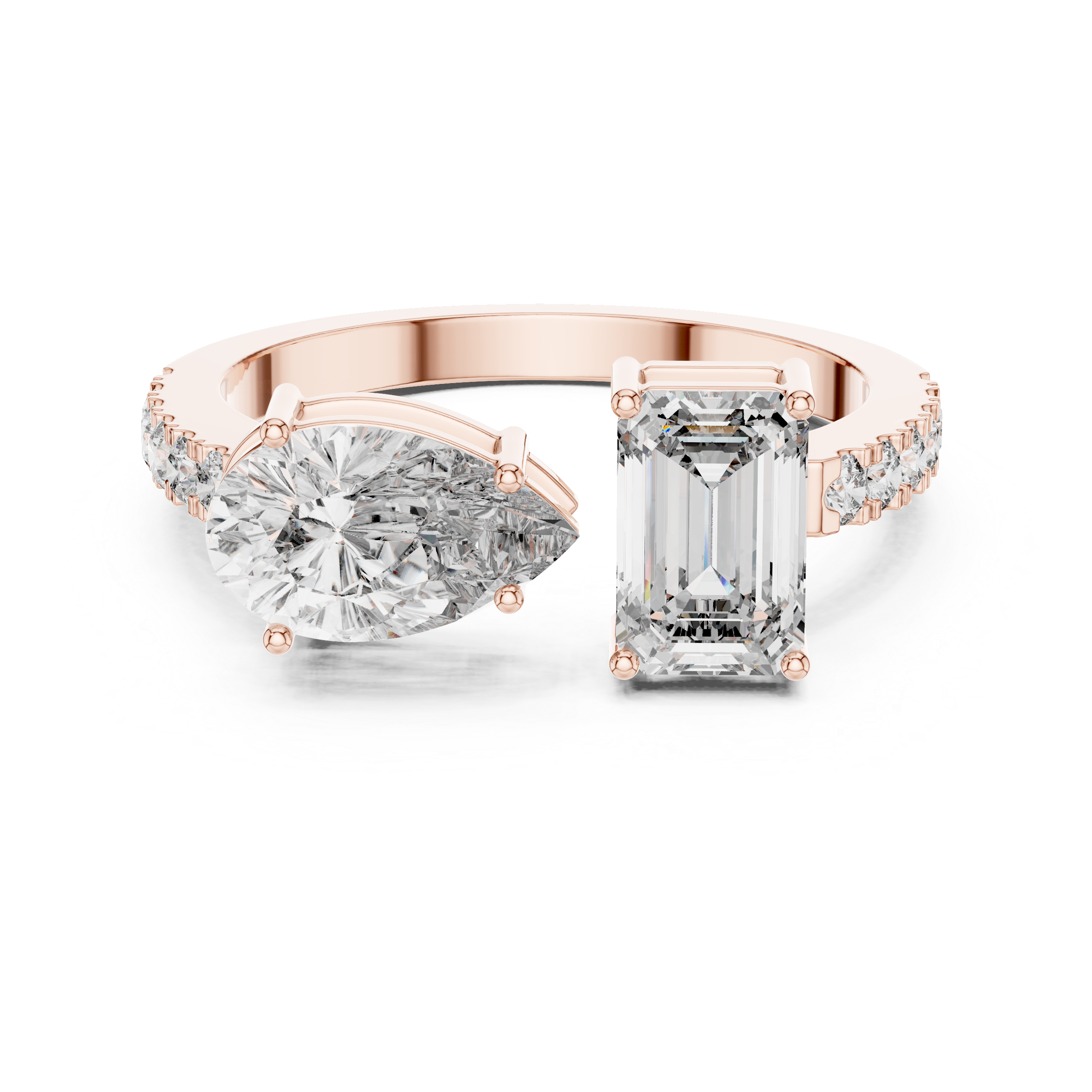 Toi et Moi Emerald & Pear Diamond Ring with Pave Band