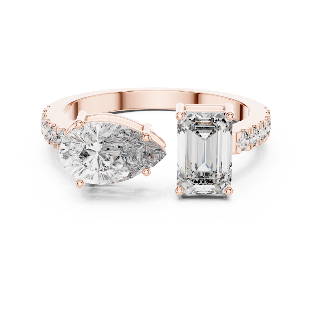 Toi et Moi Emerald & Pear Diamond Ring with Pave Band