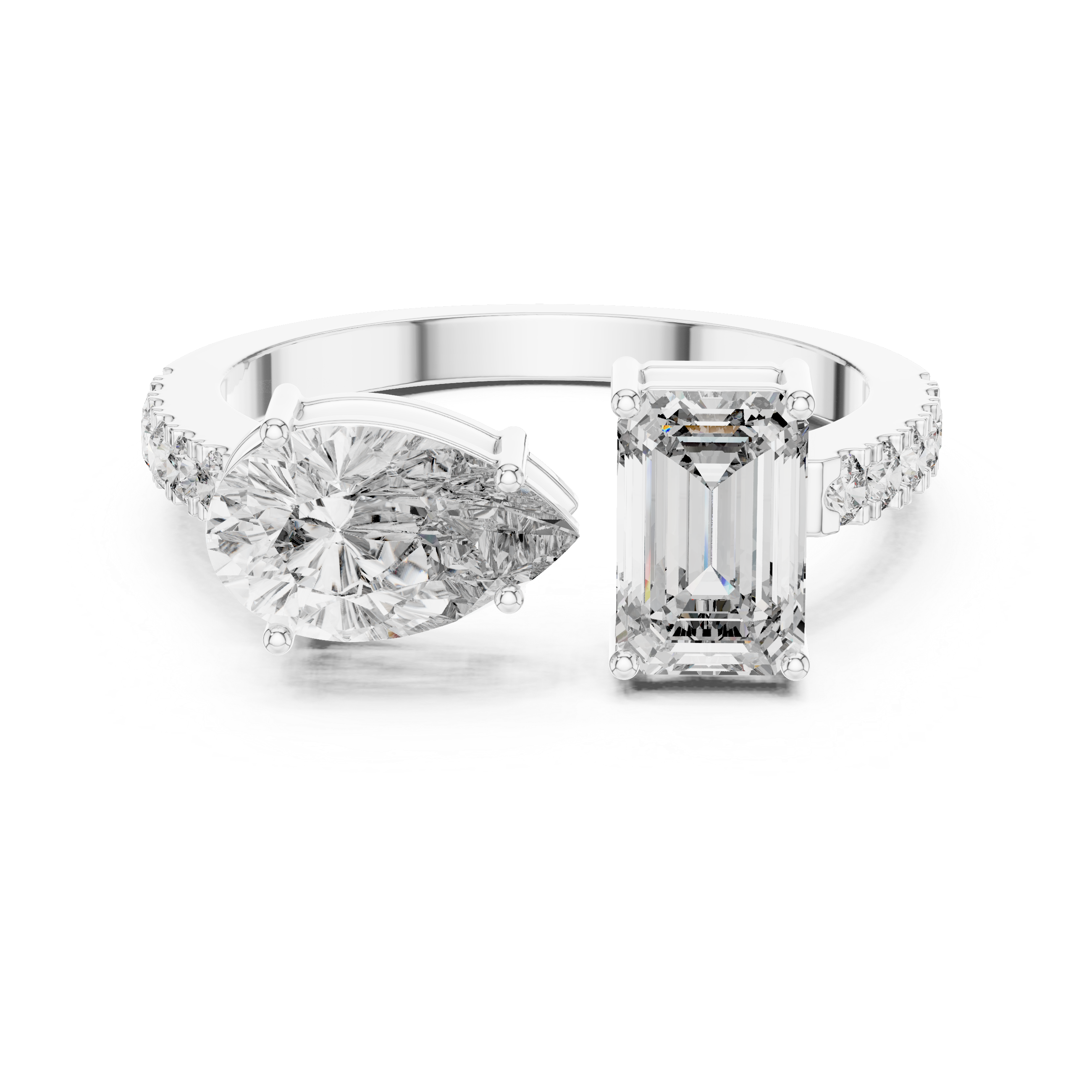 Toi et Moi Emerald & Pear Diamond Ring with Pave Band