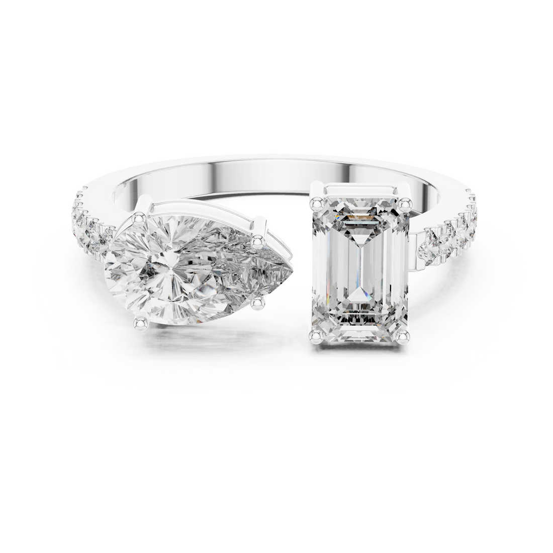 Toi et Moi Emerald & Pear Diamond Ring with Pave Band