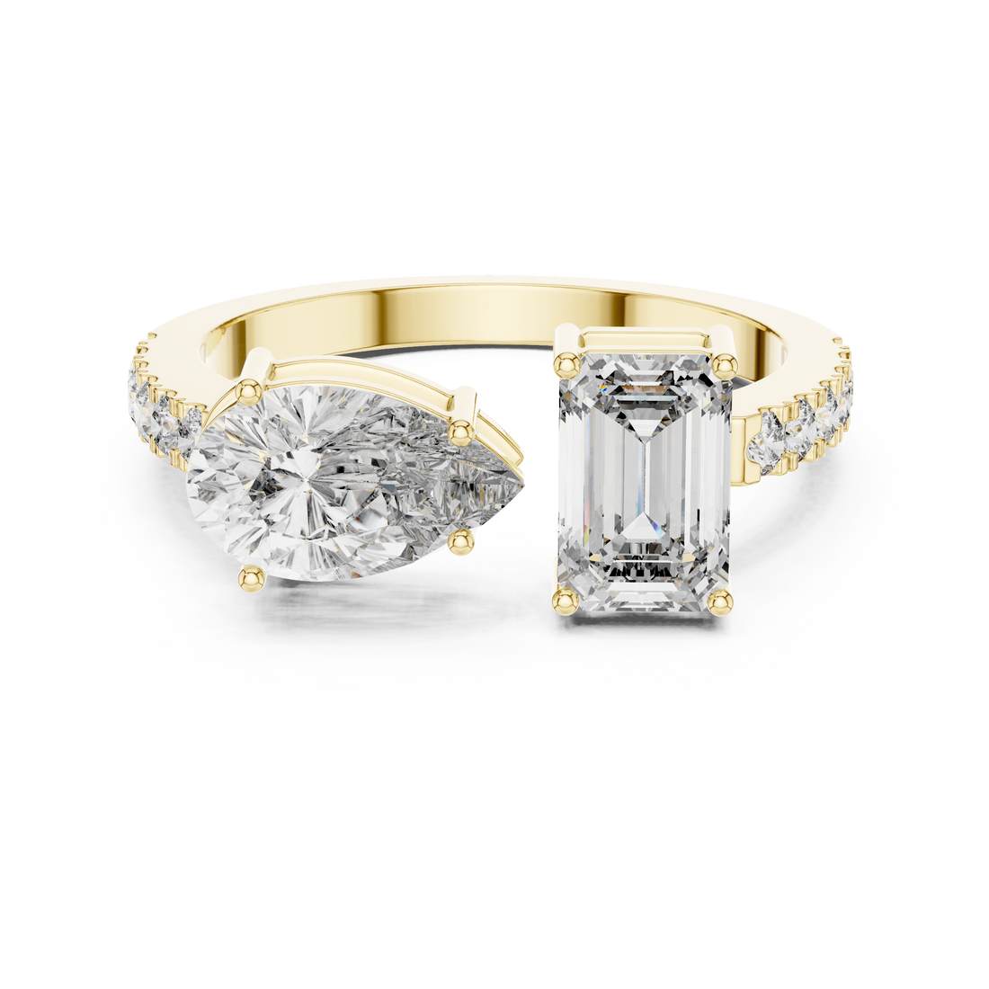 Toi et Moi Emerald & Pear Diamond Ring with Pave Band