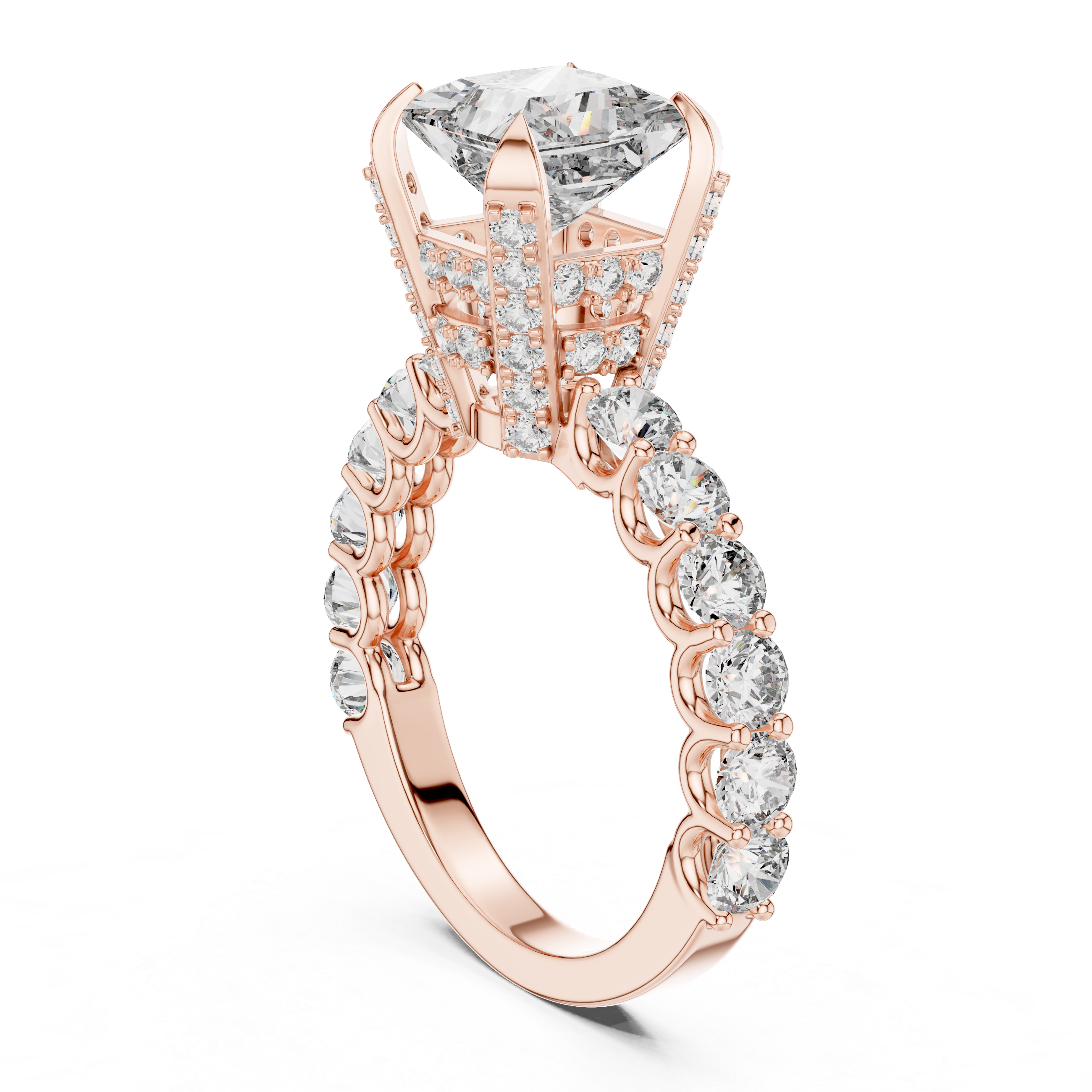 Princess-Cut Solitaire Ring with Shared-Prong Band & Ornate Basket