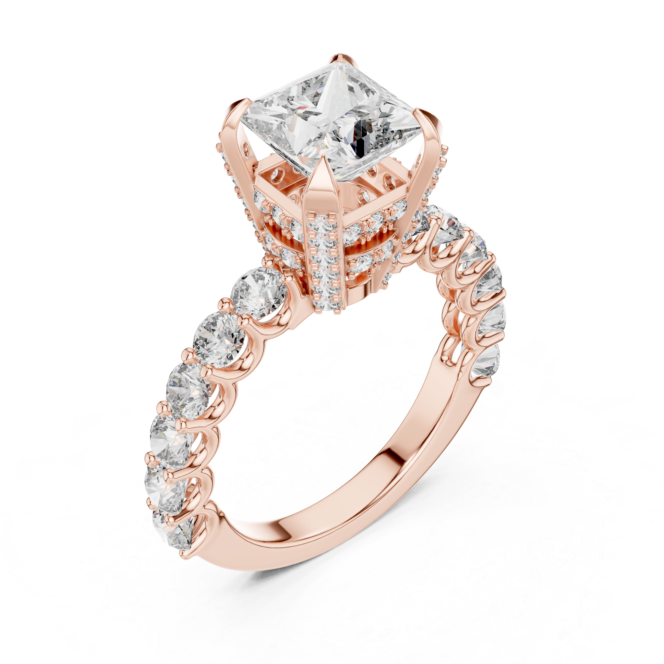 Princess-Cut Solitaire Ring with Shared-Prong Band & Ornate Basket