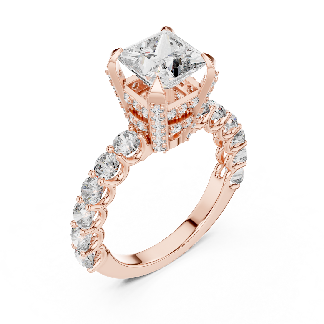 Princess-Cut Solitaire Ring with Shared-Prong Band & Ornate Basket