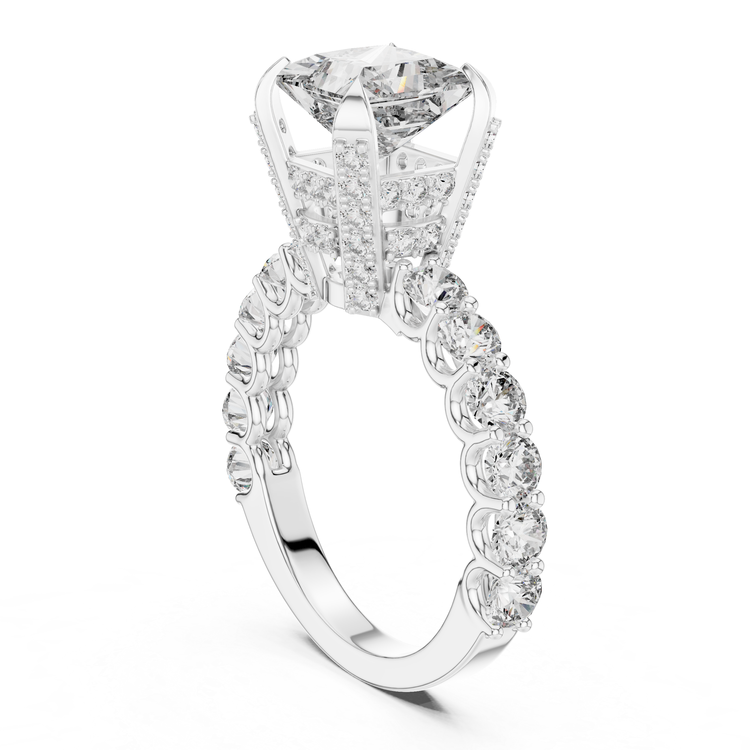 Princess-Cut Solitaire Ring with Shared-Prong Band & Ornate Basket
