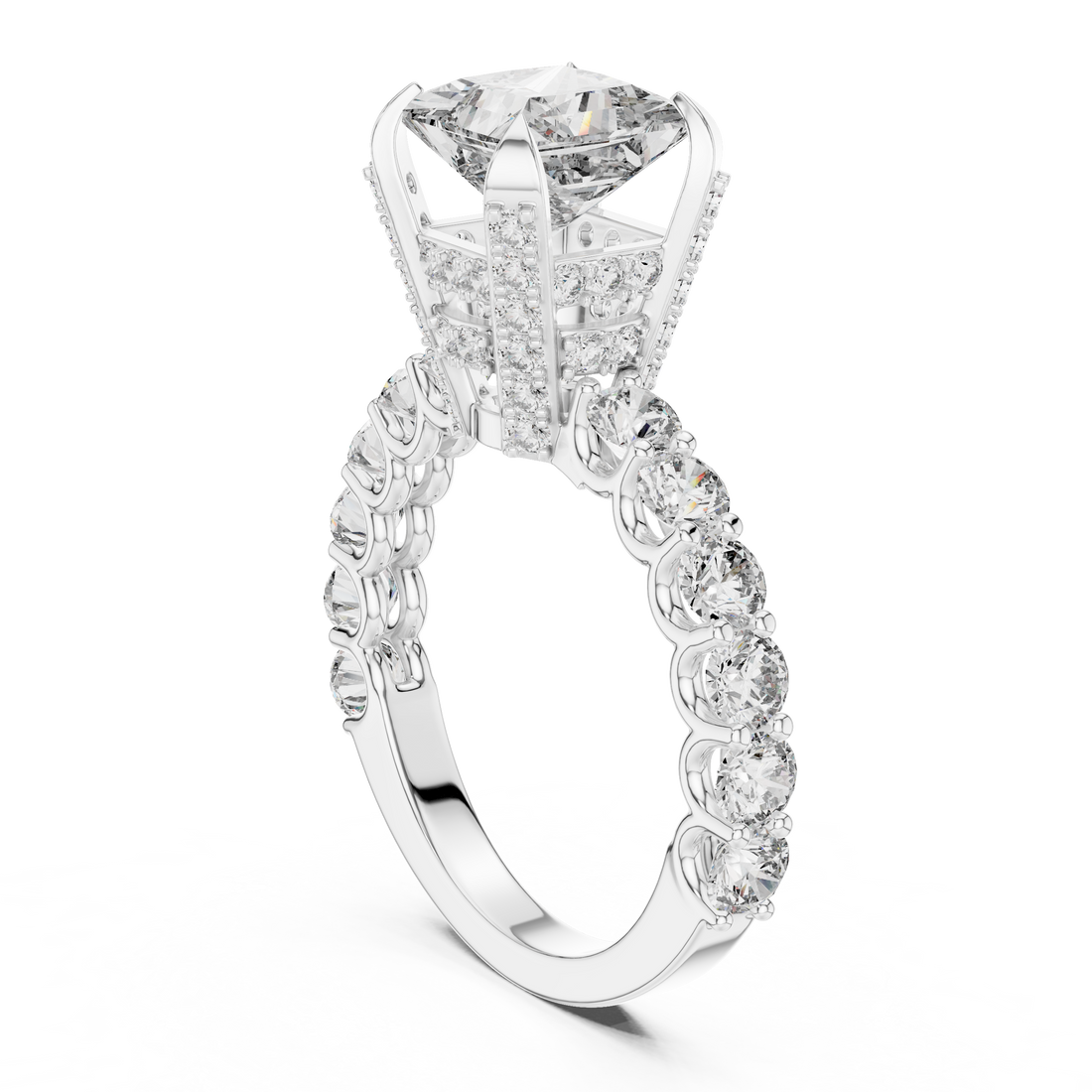 Princess-Cut Solitaire Ring with Shared-Prong Band & Ornate Basket