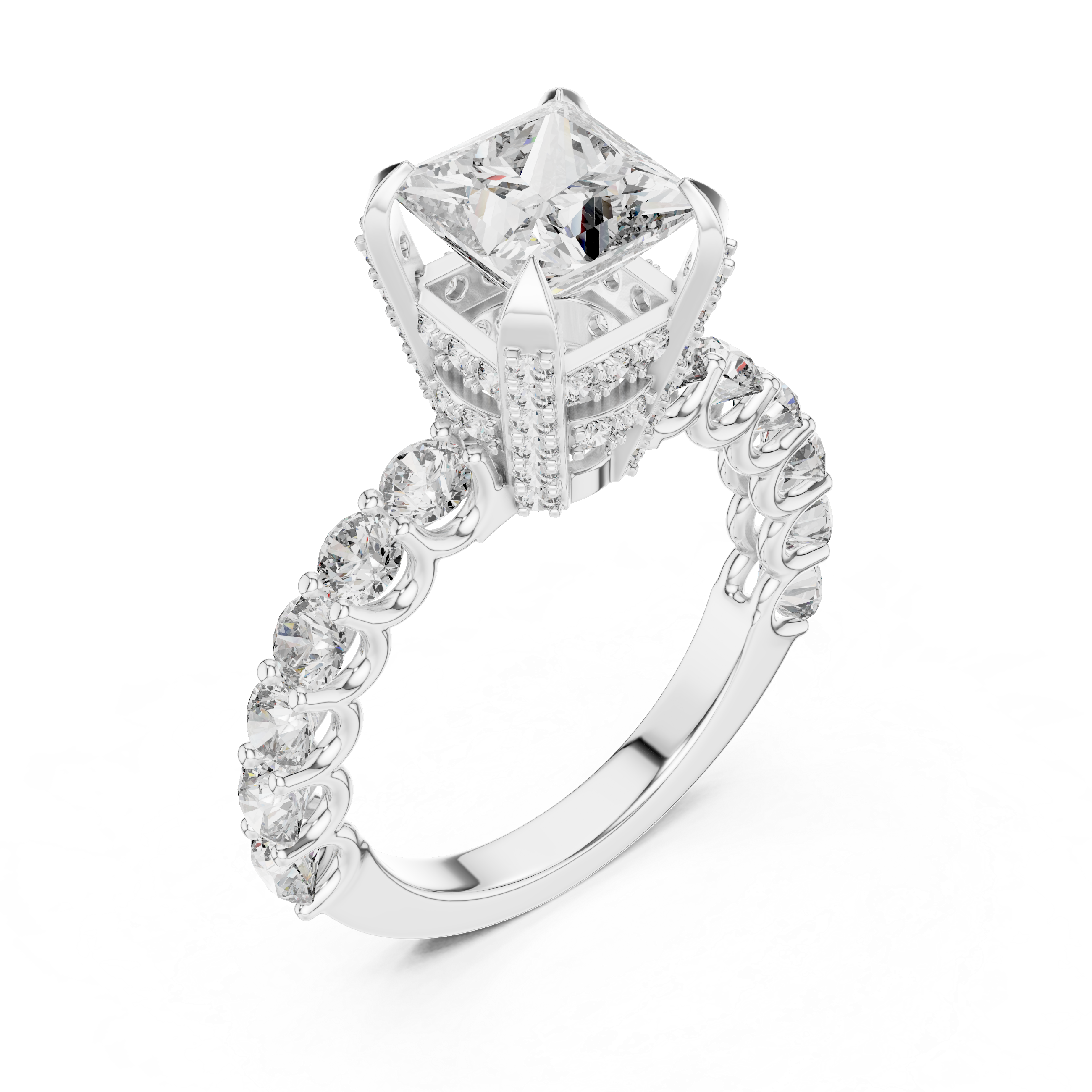 Princess-Cut Solitaire Ring with Shared-Prong Band & Ornate Basket