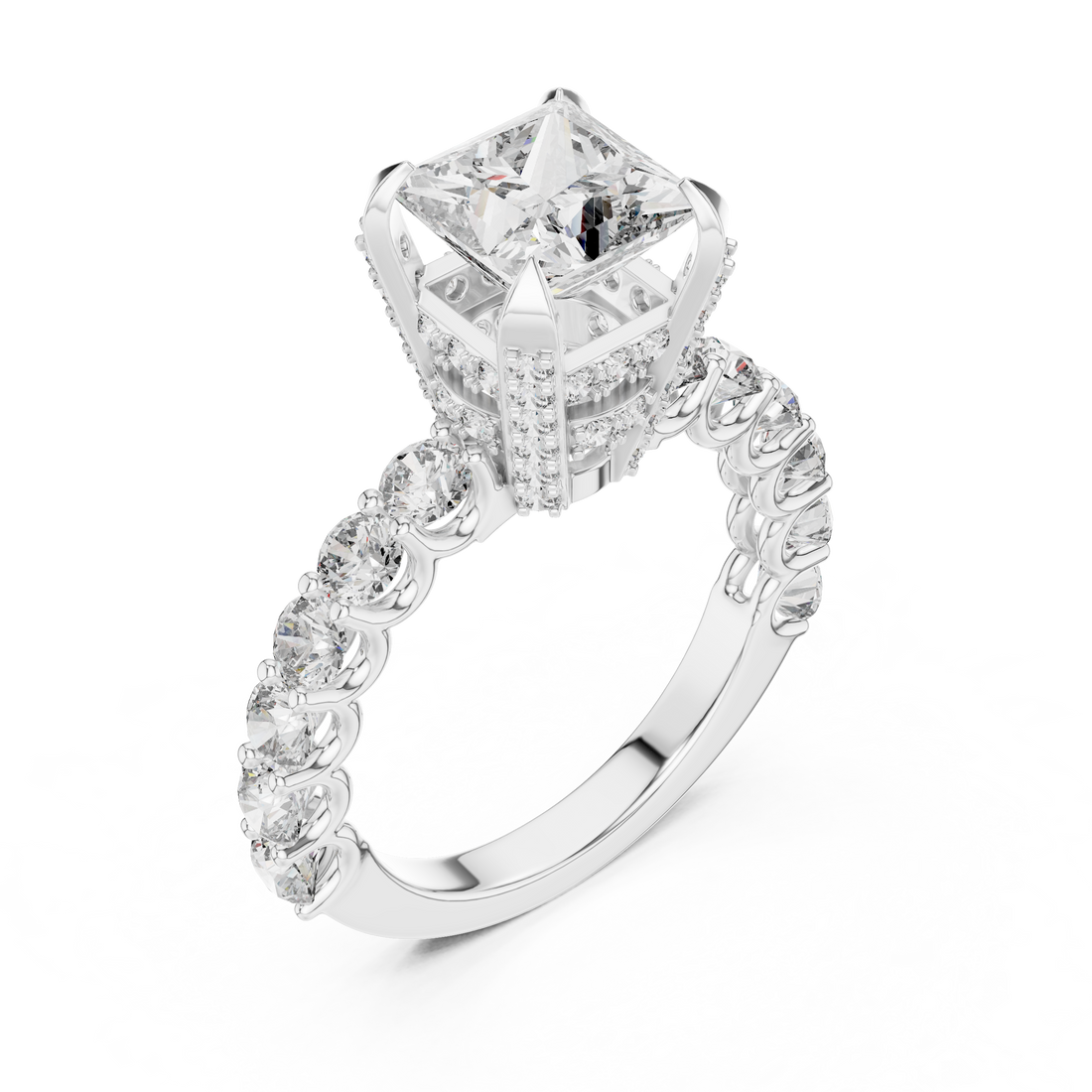 Princess-Cut Solitaire Ring with Shared-Prong Band & Ornate Basket