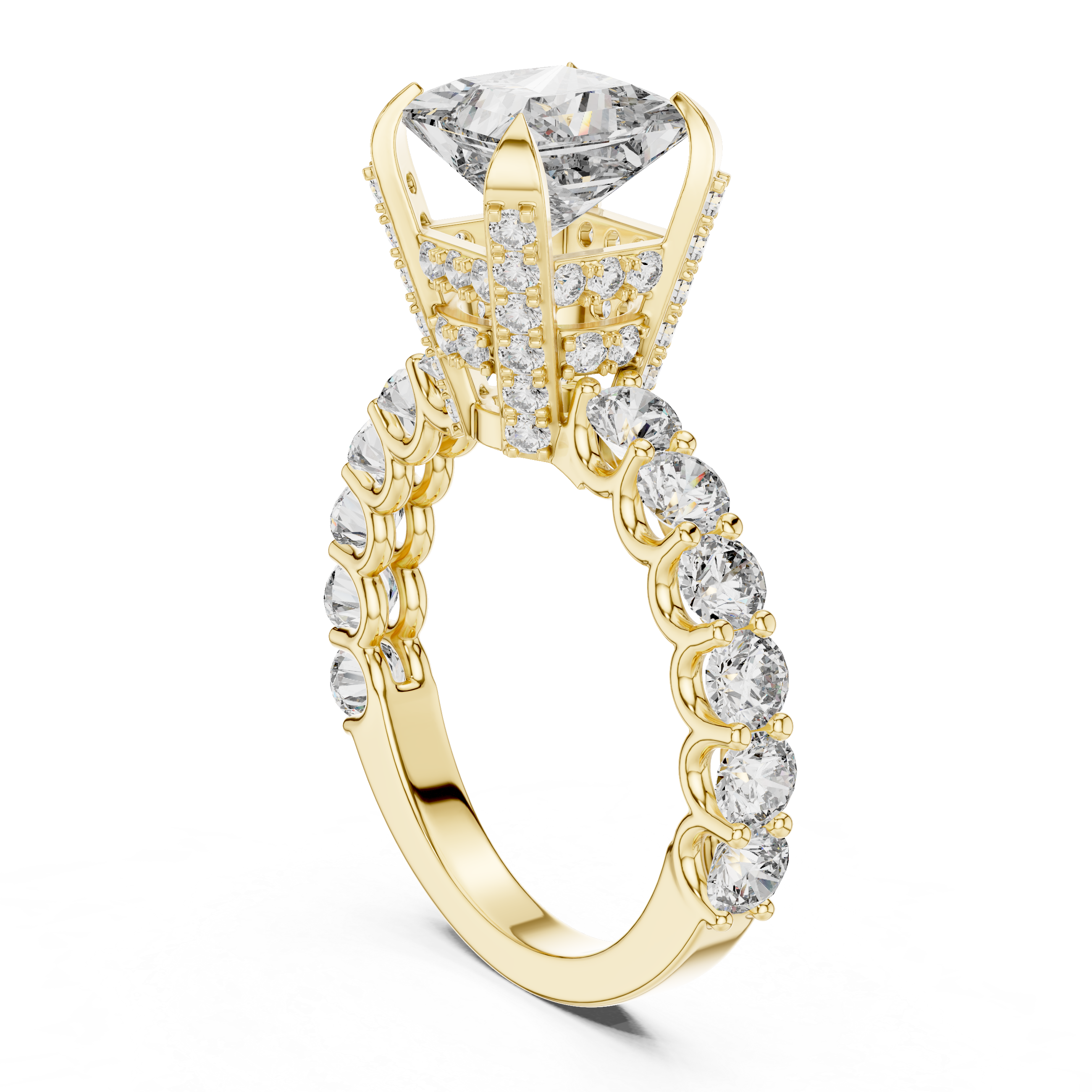 Princess-Cut Solitaire Ring with Shared-Prong Band & Ornate Basket