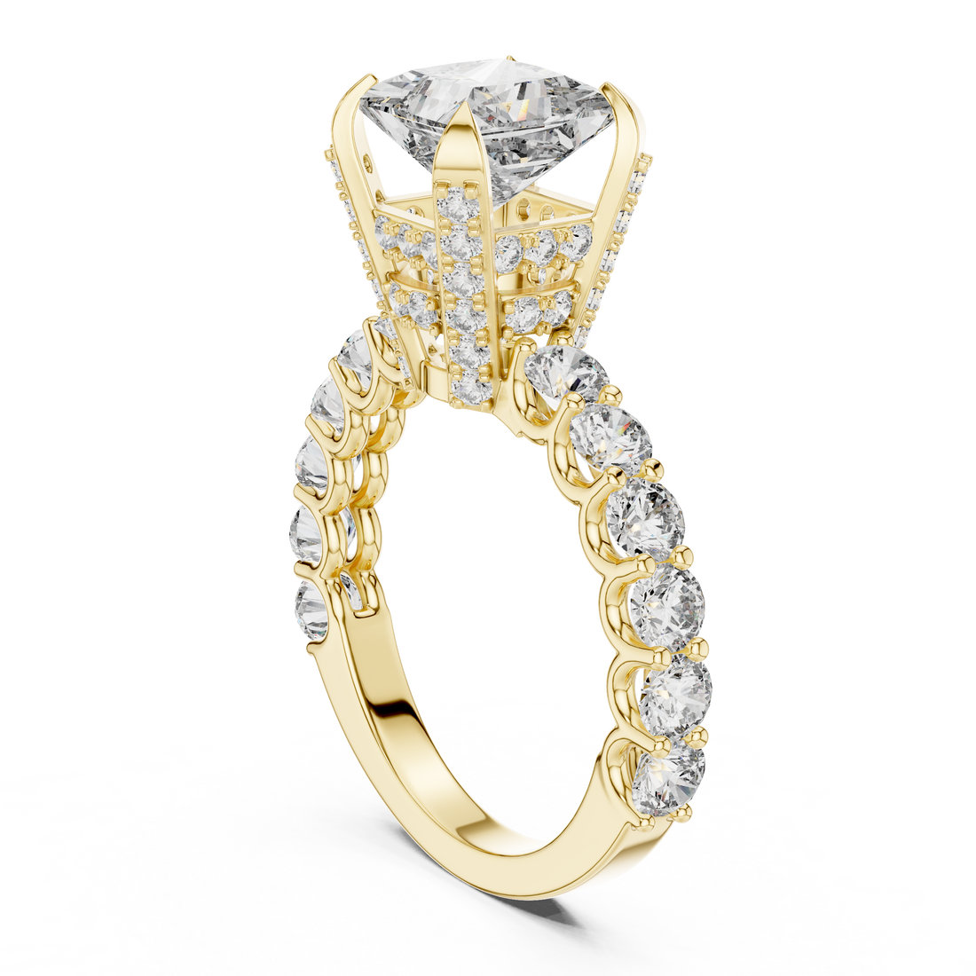 Princess-Cut Solitaire Ring with Shared-Prong Band & Ornate Basket