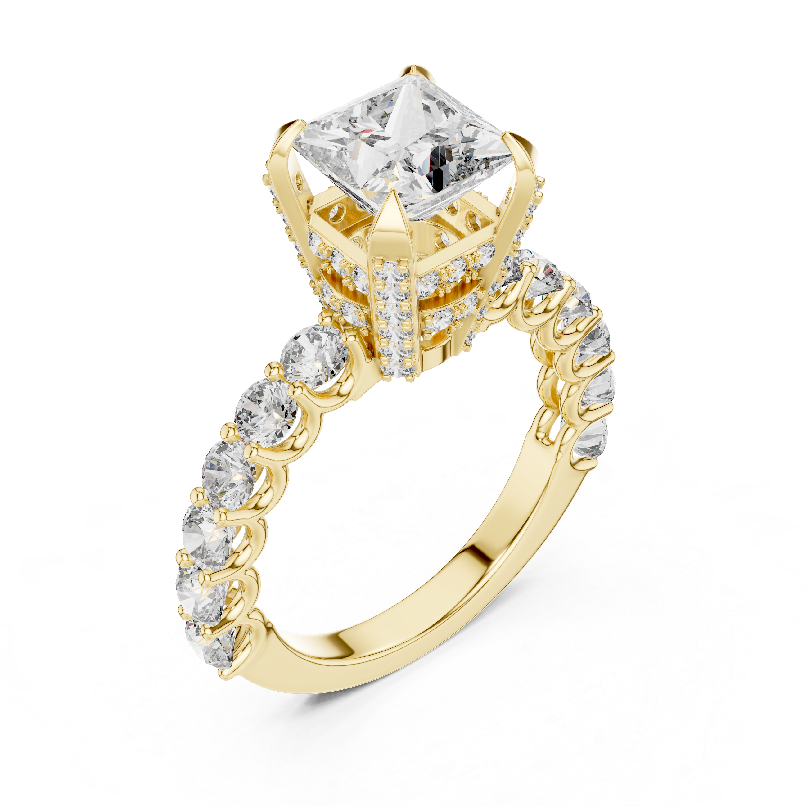 Princess-Cut Solitaire Ring with Shared-Prong Band & Ornate Basket