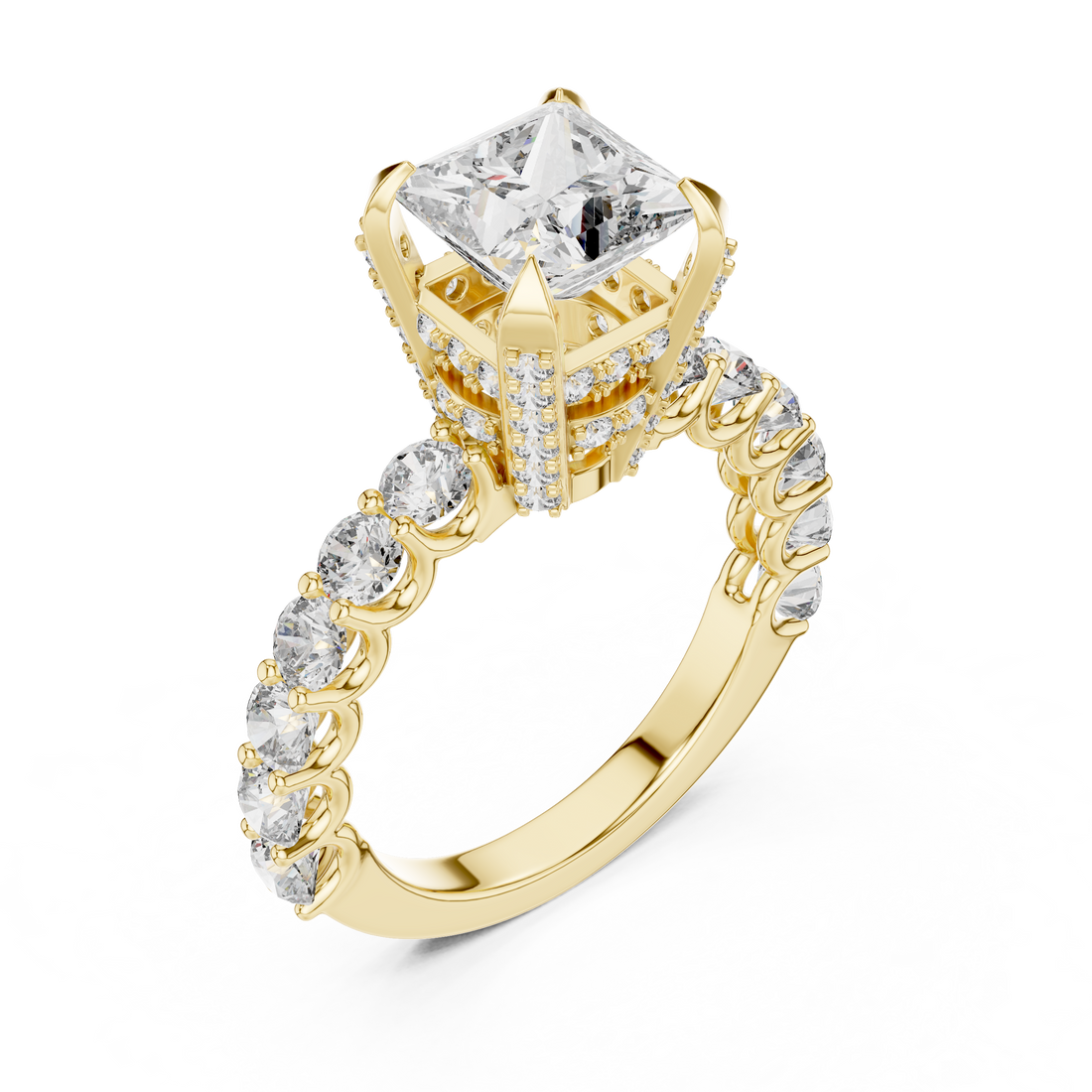 Princess-Cut Solitaire Ring with Shared-Prong Band & Ornate Basket