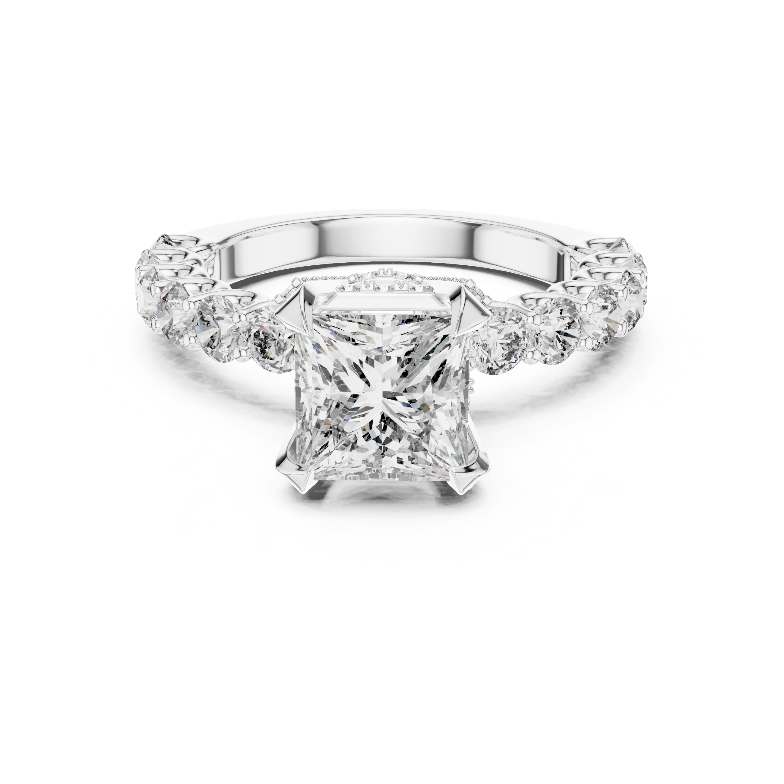 Princess-Cut Solitaire Ring with Shared-Prong Band & Ornate Basket