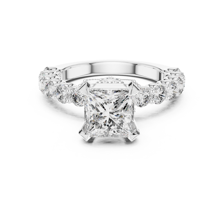 Princess-Cut Solitaire Ring with Shared-Prong Band & Ornate Basket