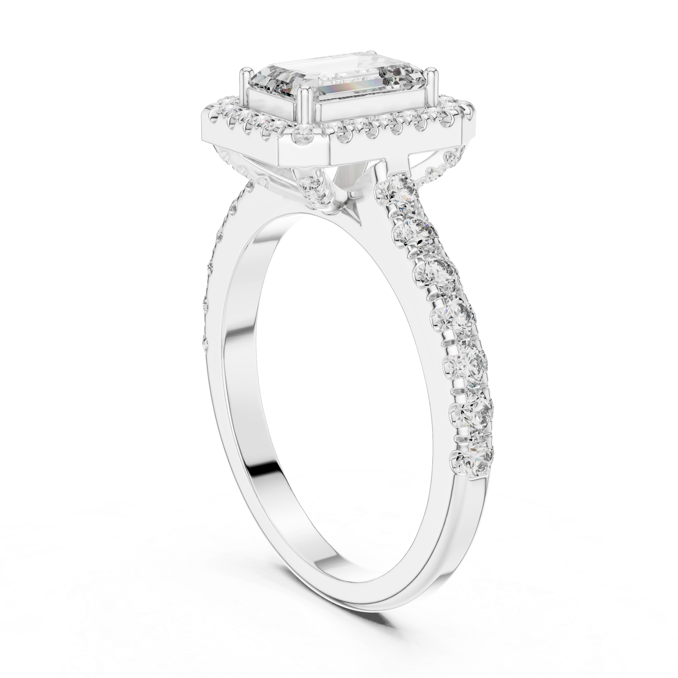 Emerald-Cut Halo Engagement Ring with Pave Band