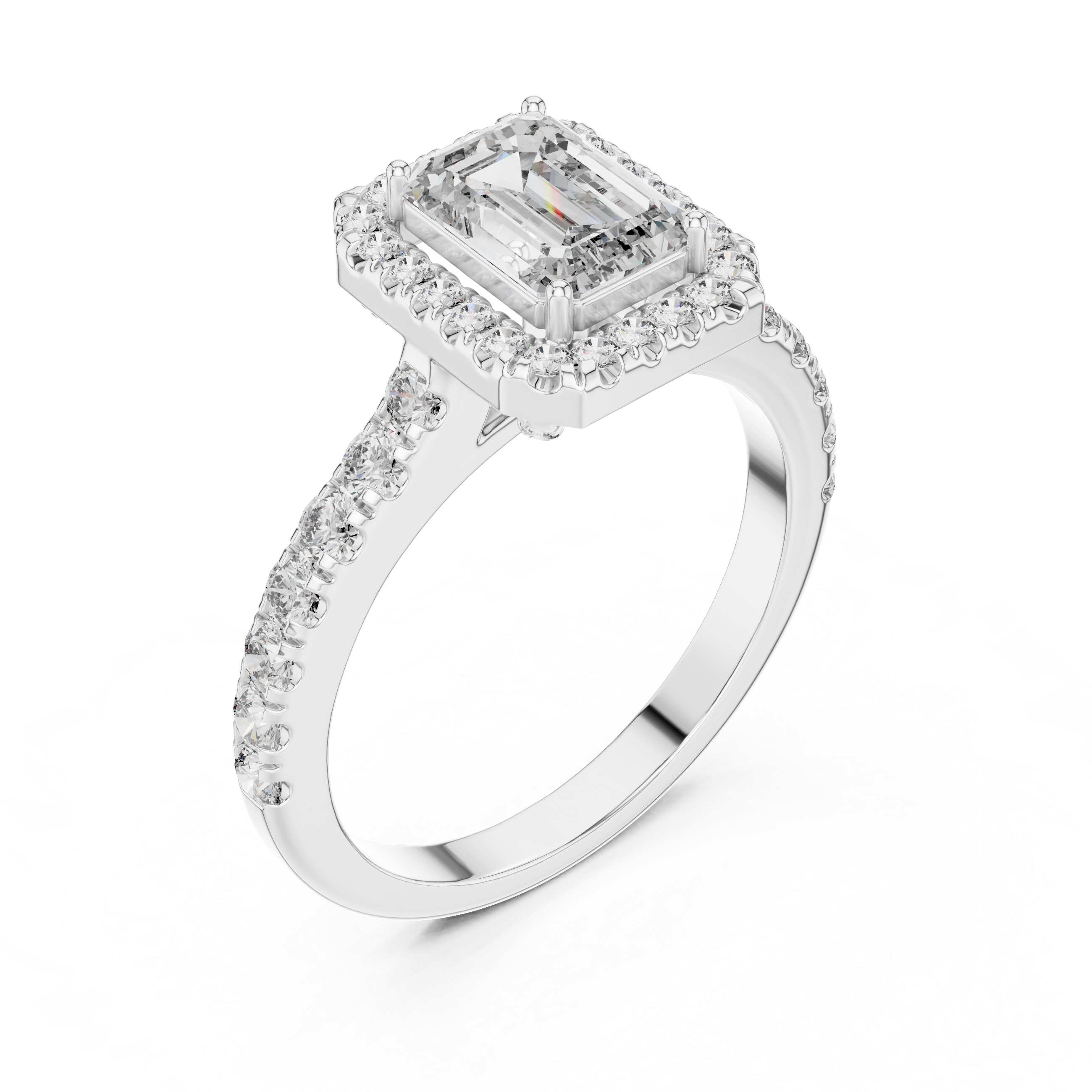 Emerald-Cut Halo Engagement Ring with Pave Band