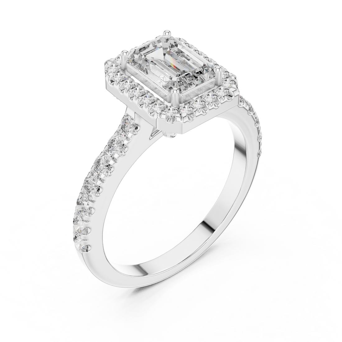Emerald-Cut Halo Engagement Ring with Pave Band