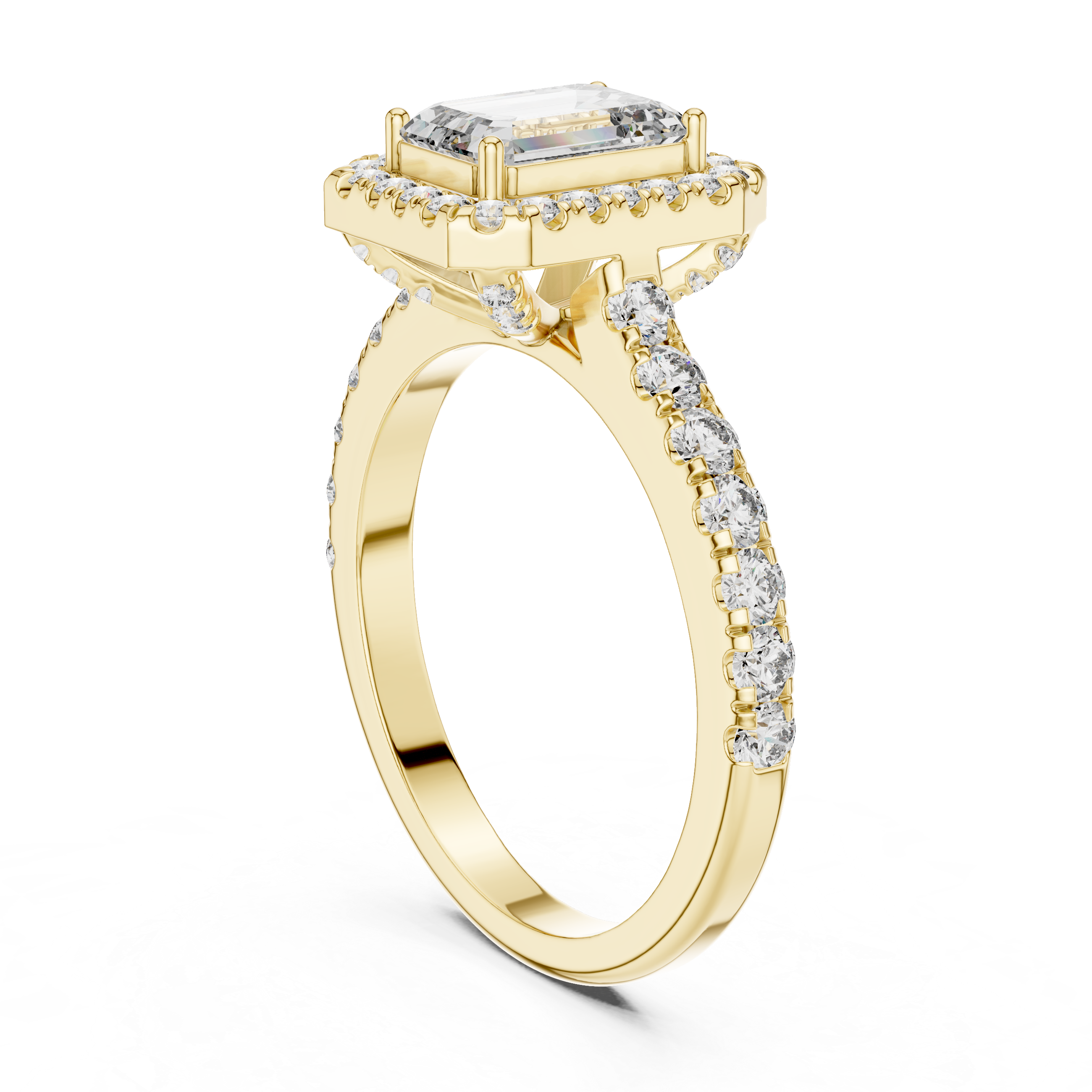 Emerald-Cut Halo Engagement Ring with Pave Band