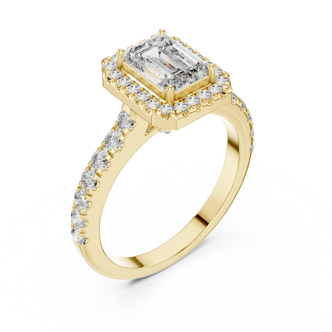 Emerald-Cut Halo Engagement Ring with Pave Band