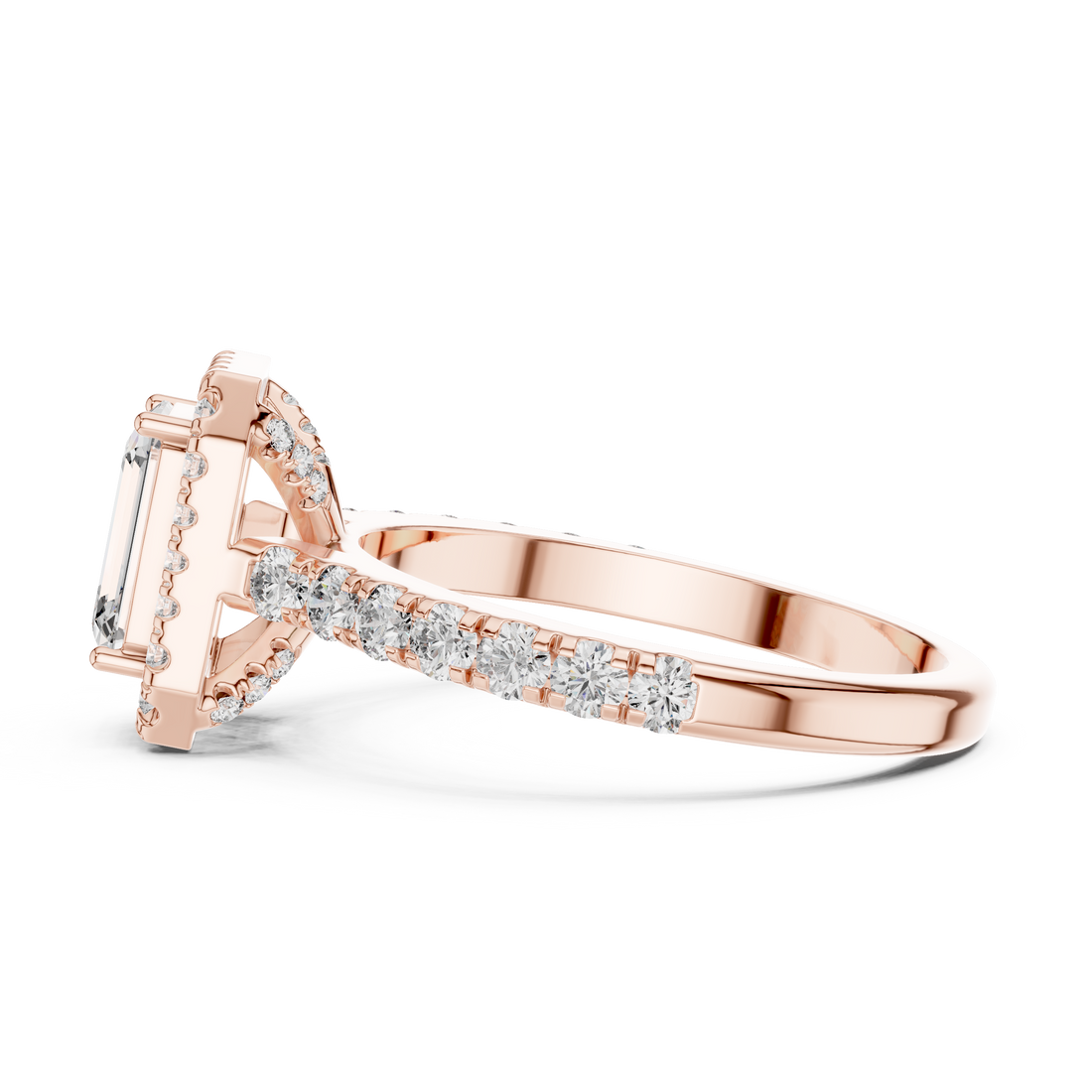 Emerald-Cut Halo Engagement Ring with Pave Band