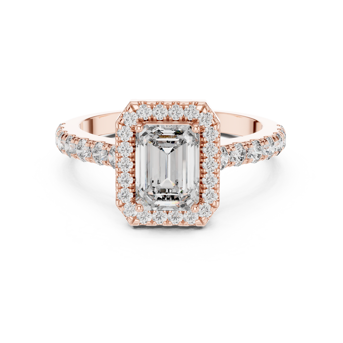 Emerald-Cut Halo Engagement Ring with Pave Band