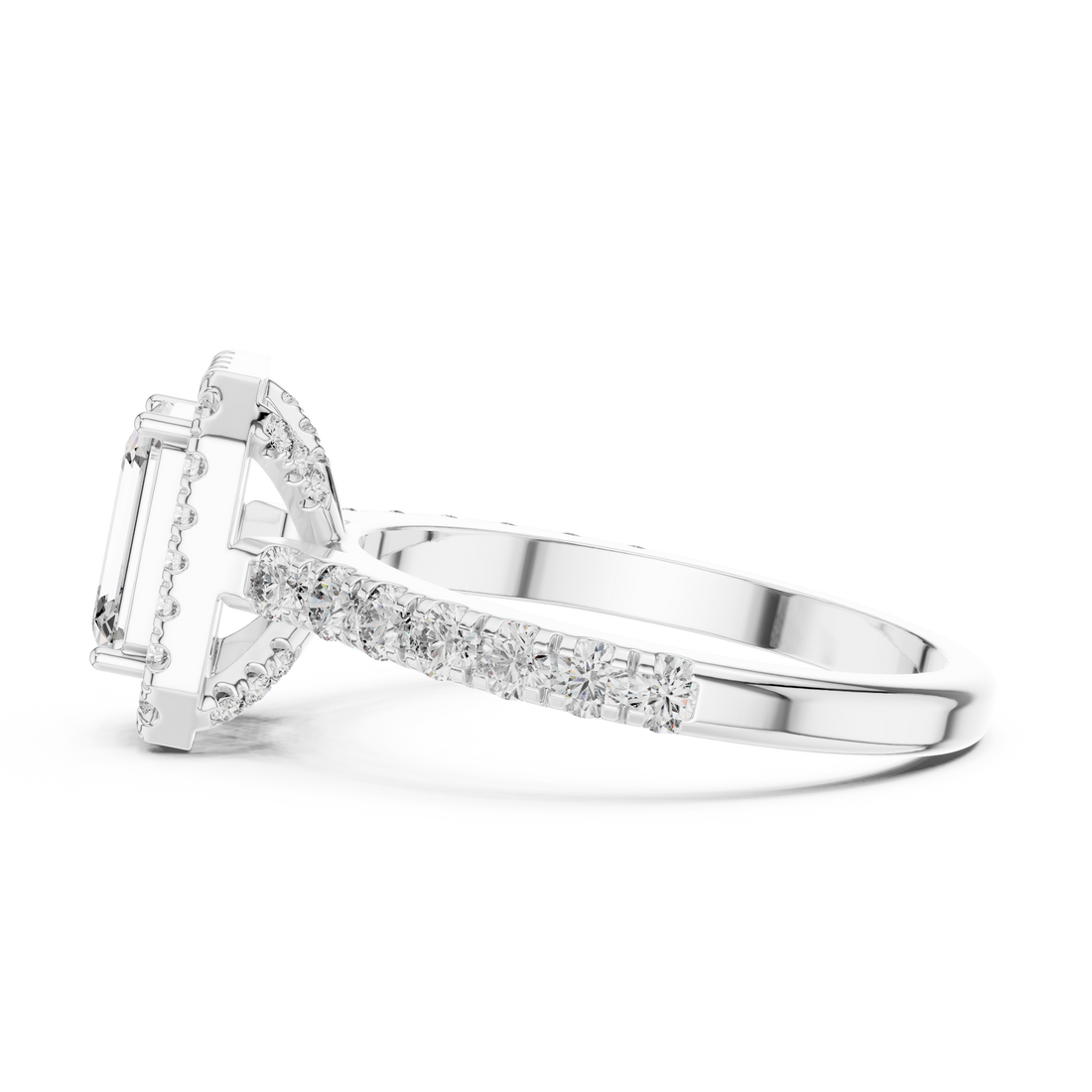 Emerald-Cut Halo Engagement Ring with Pave Band